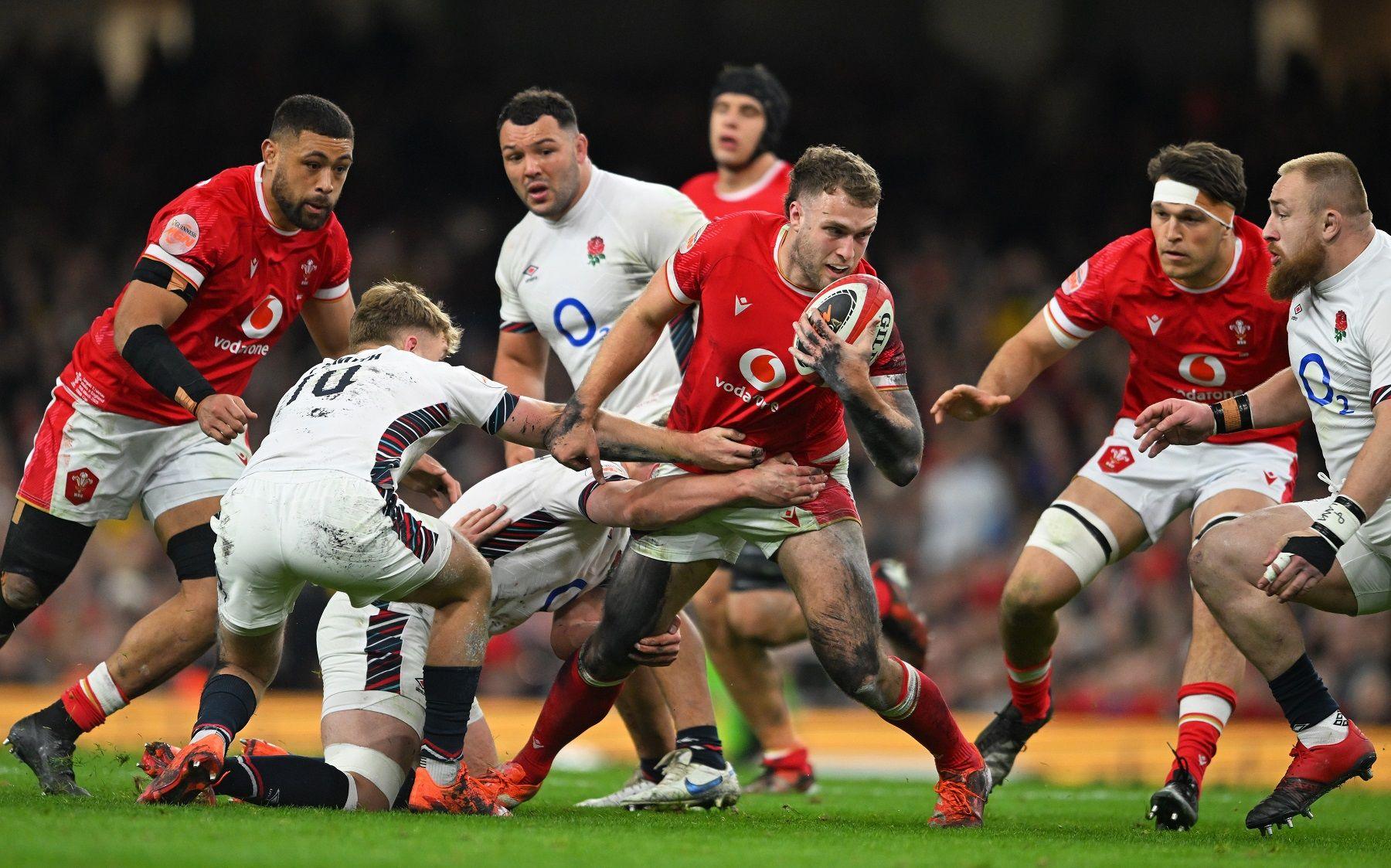 Max Llewellyn of Wales breaks with the ball against England in the 2025 Six Nations