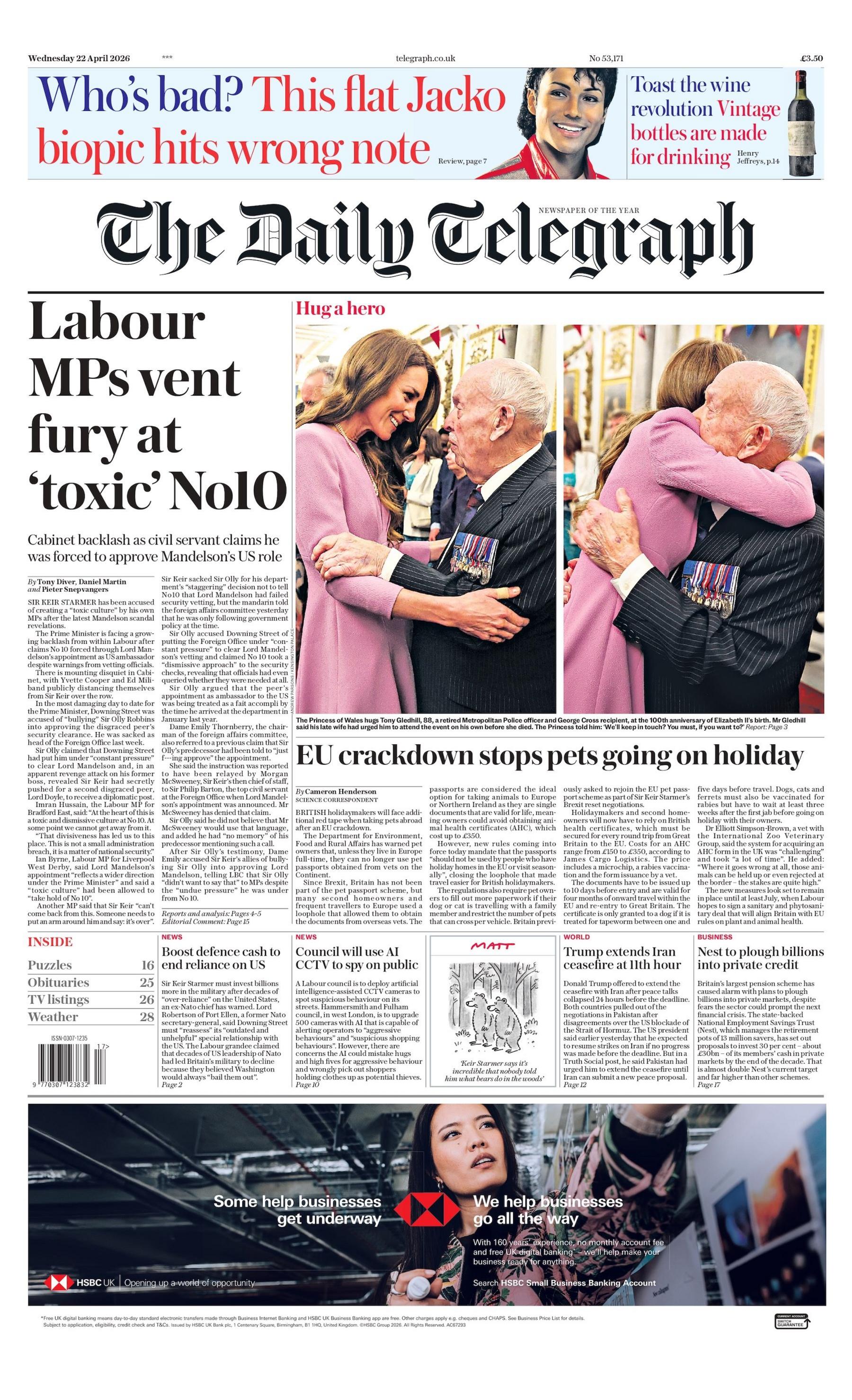 "Deputetët laburistë shprehin zemërimin ndaj numrit 'toksik' 10", thuhet në titullin kryesor në faqen e parë të Daily Telegraph.