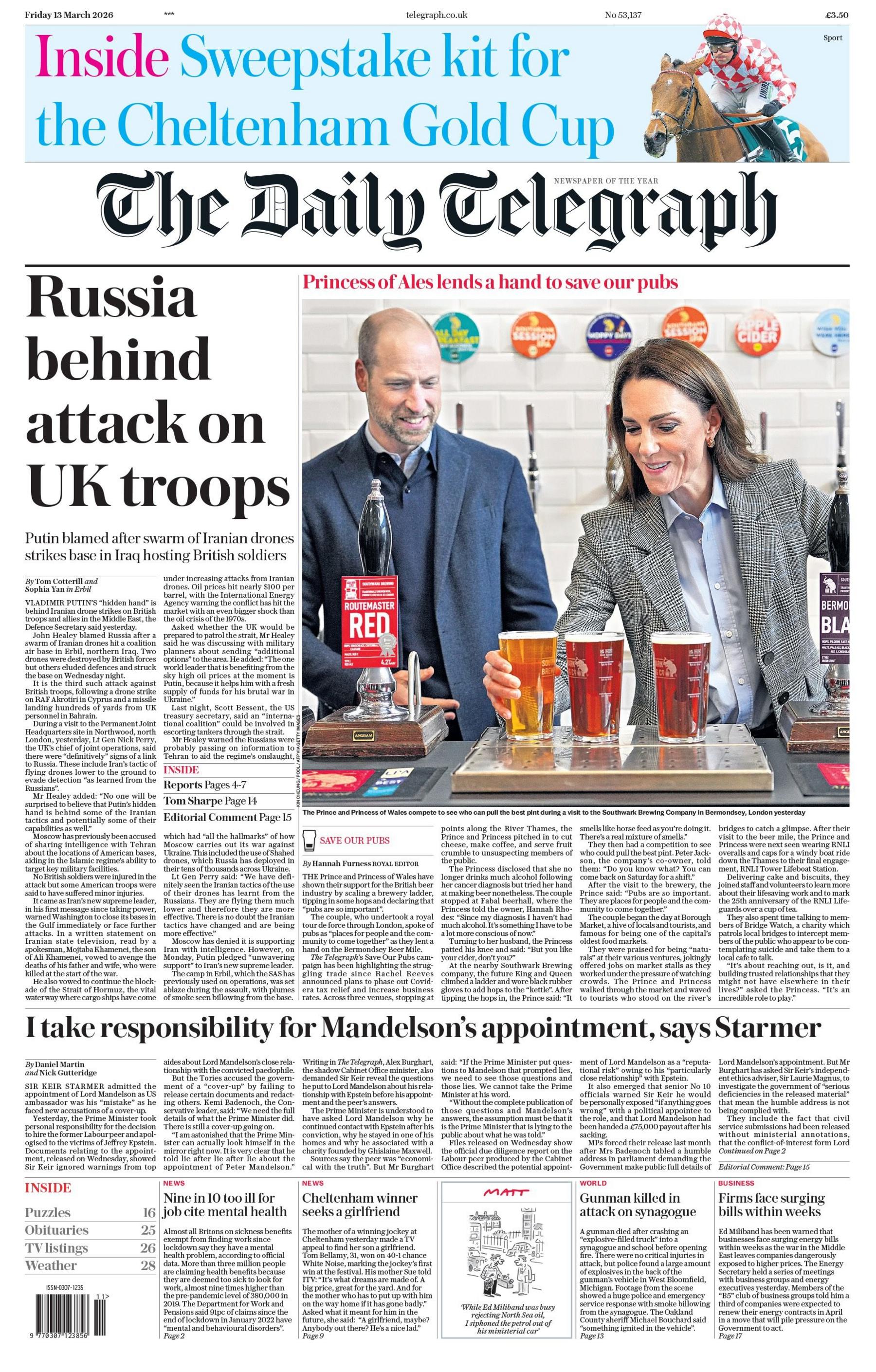 “Rusia qëndron pas sulmit ndaj trupave britanike”, thuhet në titullin kryesor në faqen e parë të Daily Telegraph.