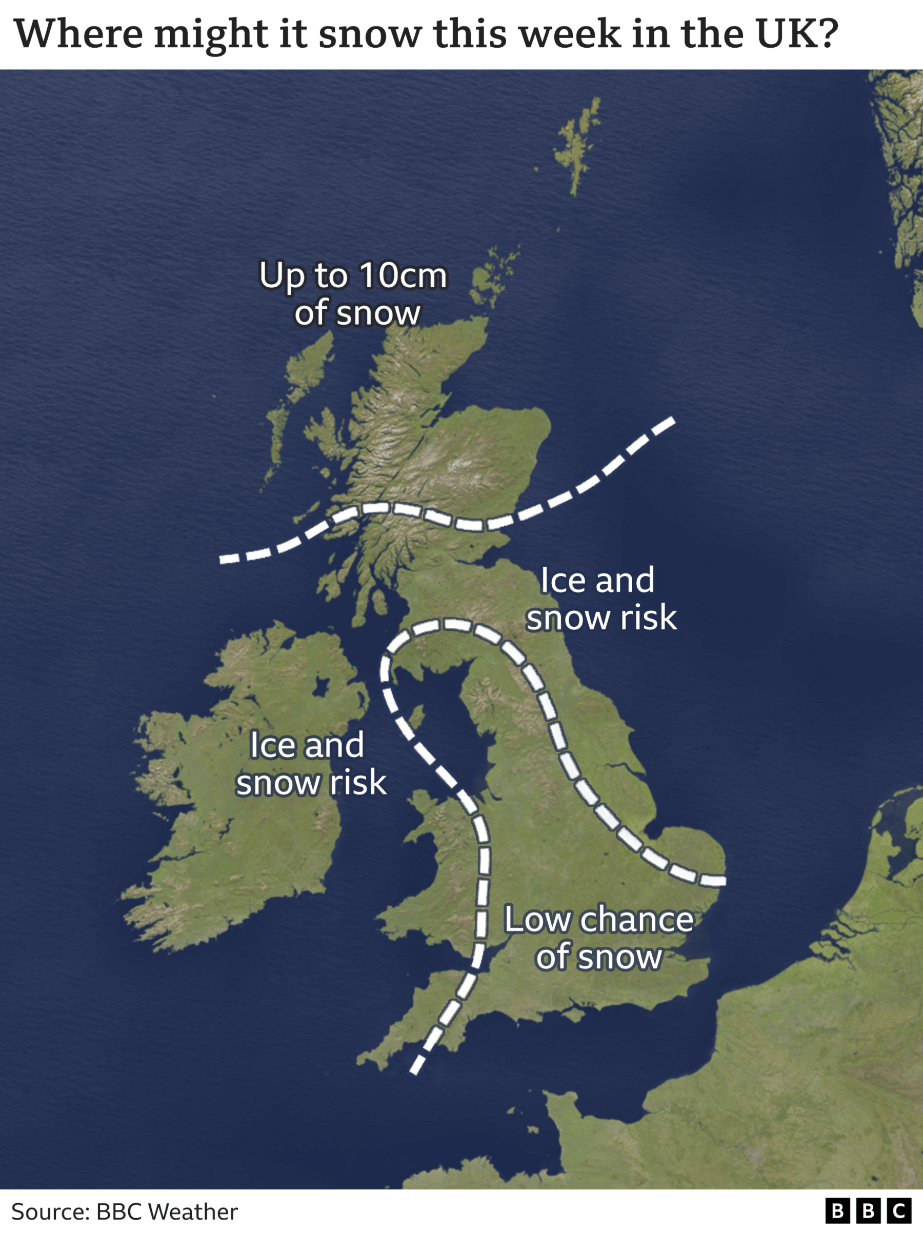 Map showing where in the UK is likely to see snow and ice in the coming days