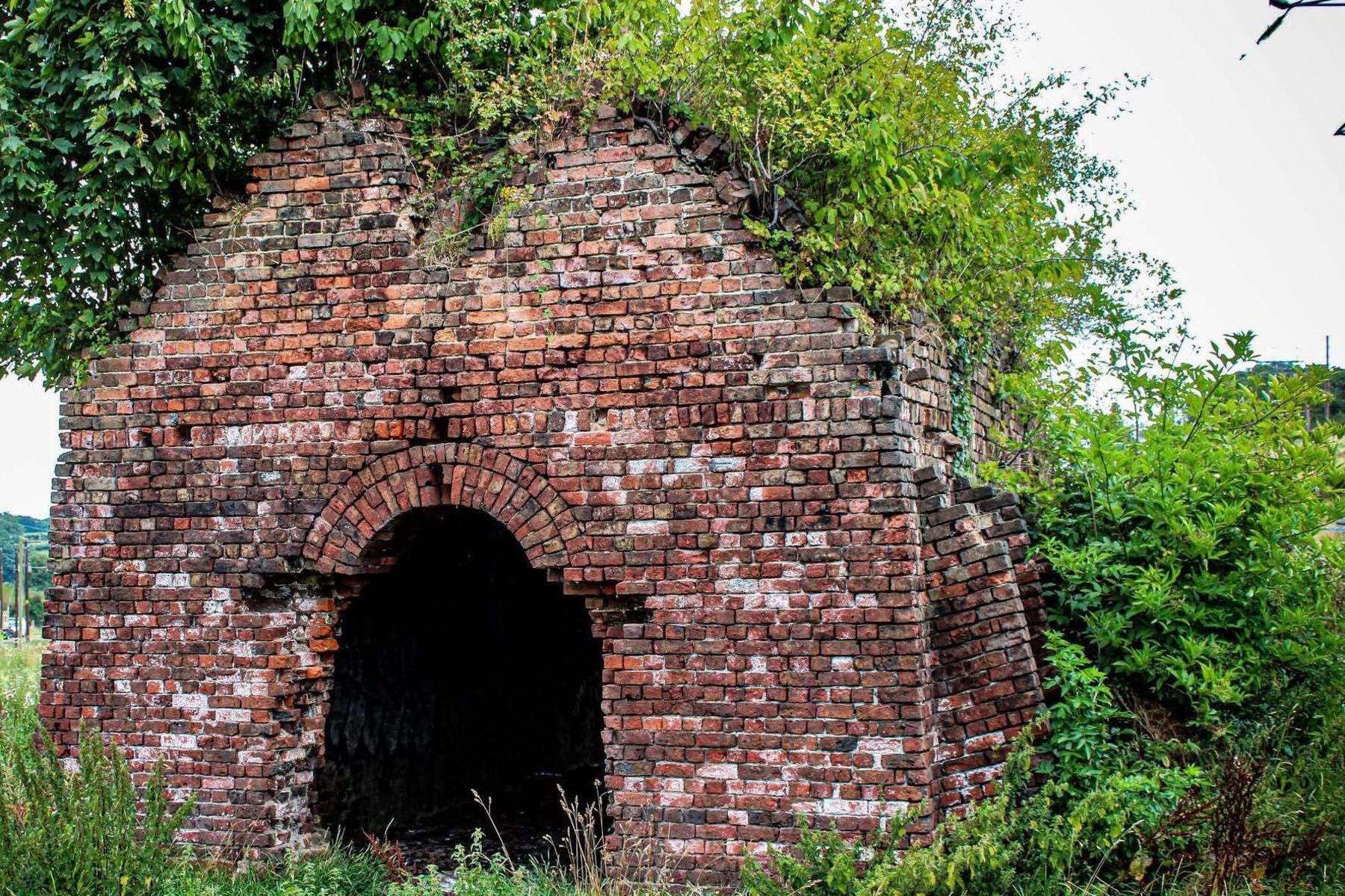 Brick kiln with greenery growing out of it. There is a black space in the middle.
