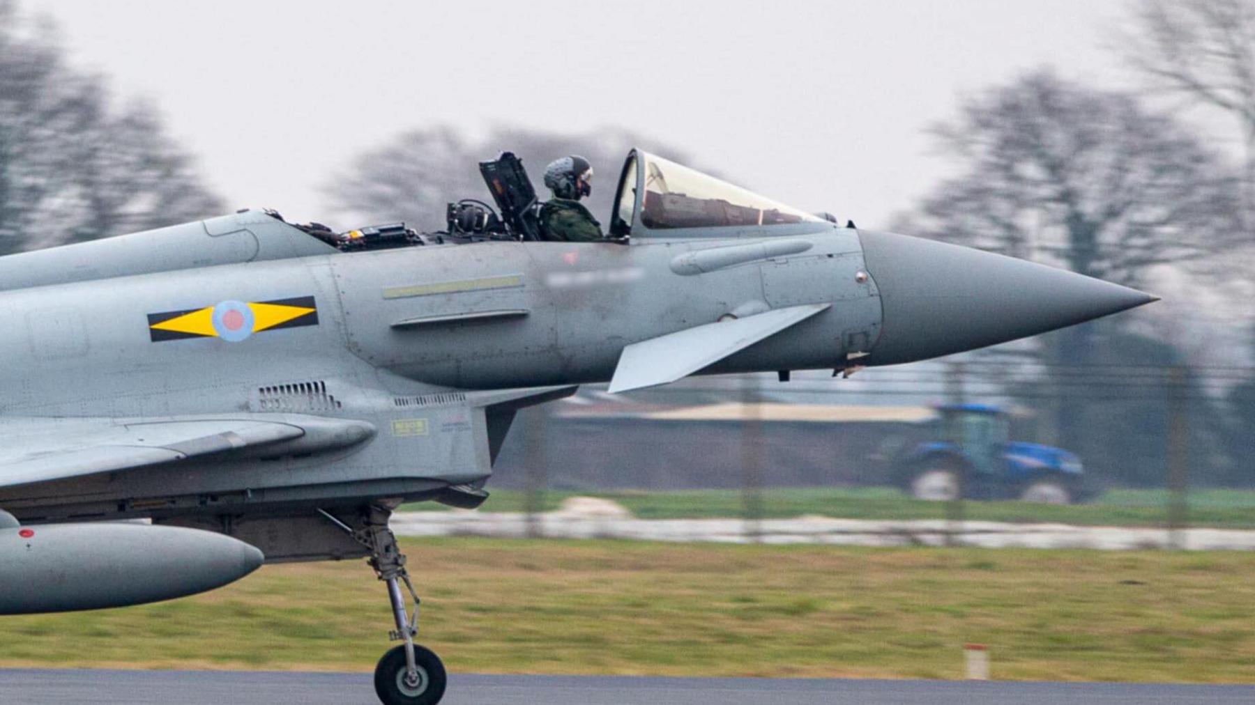 Royal Air Force Eurofighter Typhoon with the canopy missing coming into land at RAF Coningsby. 