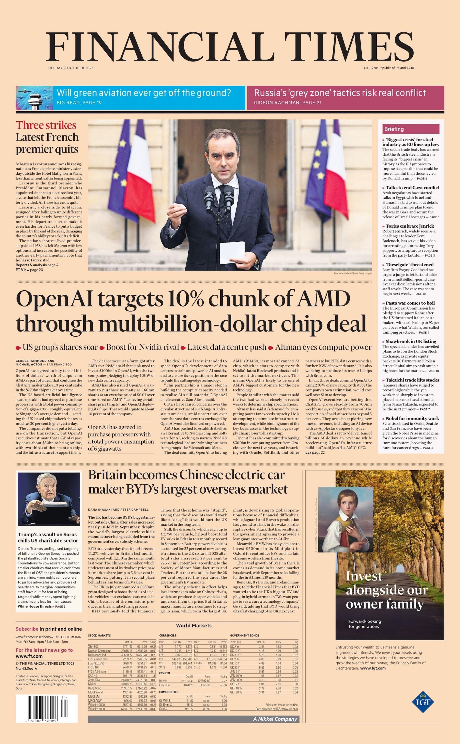 "OpenAI targets 10% chunk of AMD through multibillion-dollar chip deal" reads the headline on the front page of the Financial Times.