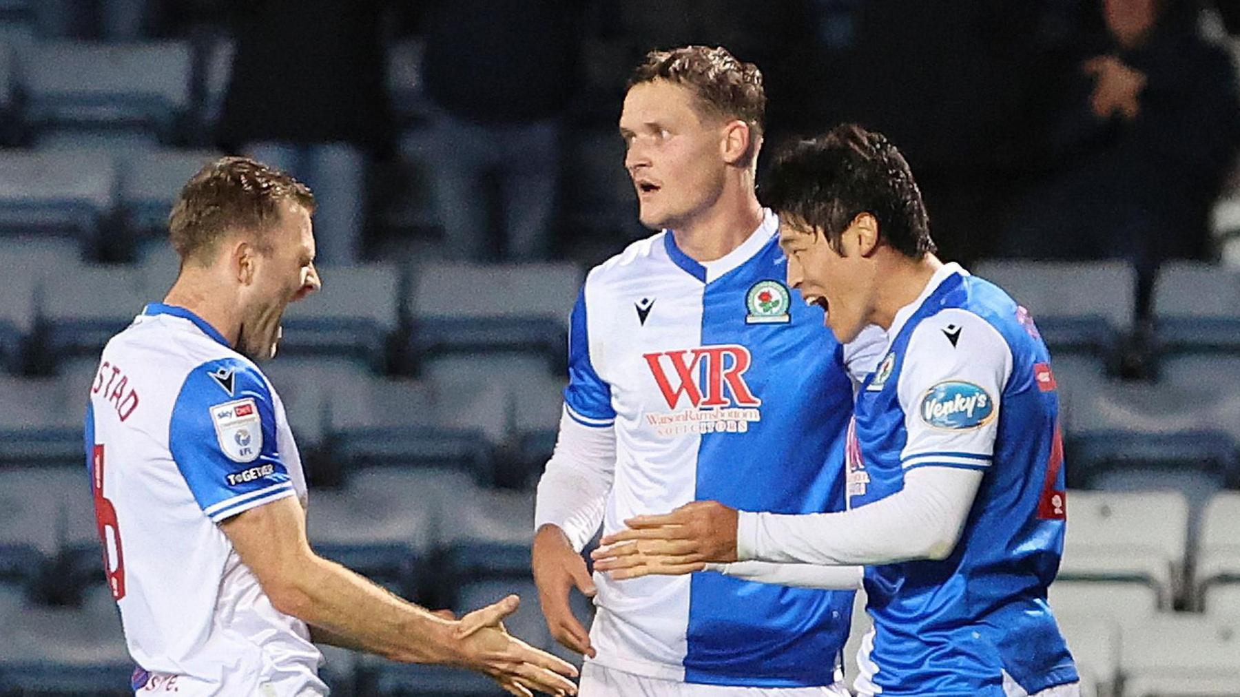 Yuki Ohashi (right) celebrates a goal with Blackburn Rovers team-mates