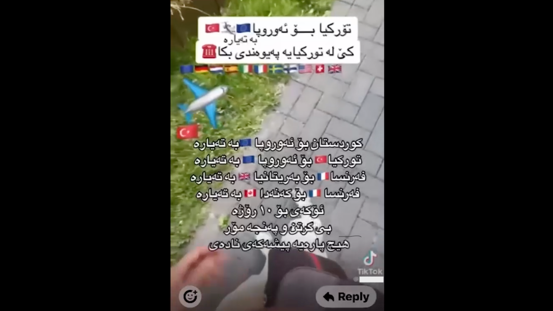 A TikTok post by a would-be people smuggler advertising his services on TikTok. It shows writing in Arabic along with the flags of various European countries.