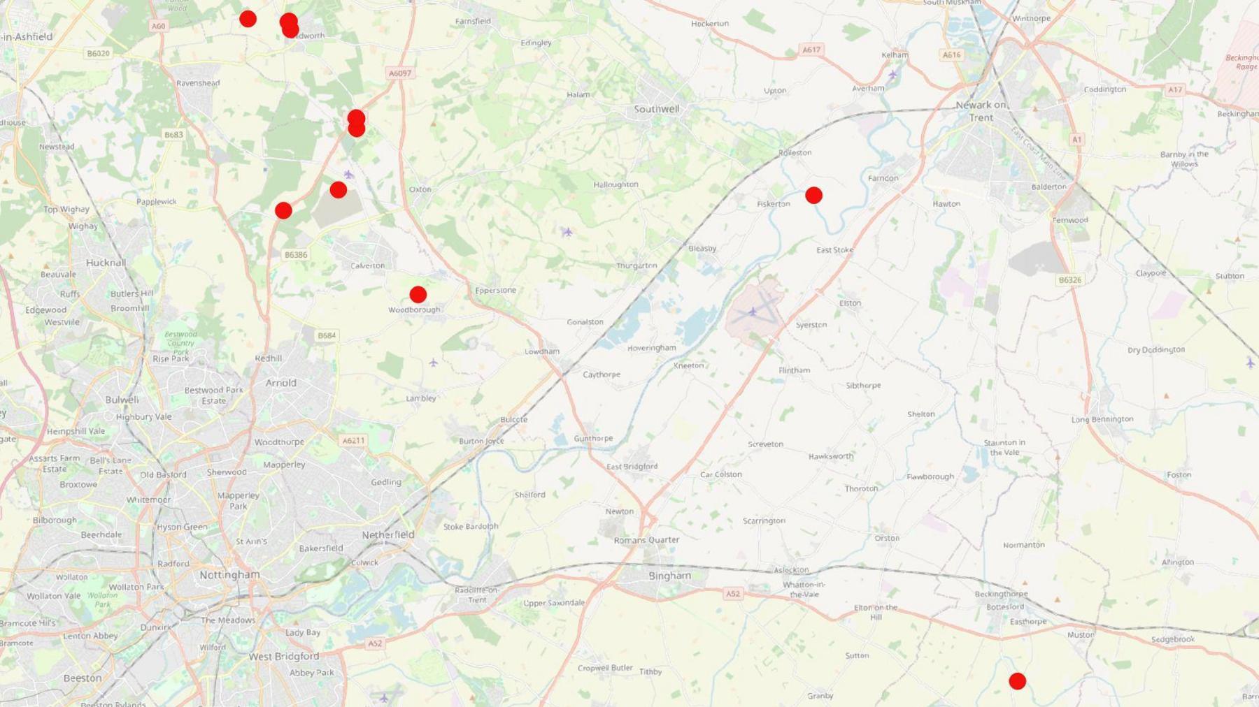 A map of the area to the north east of Nottingham, showing ten points were wallabies were seen