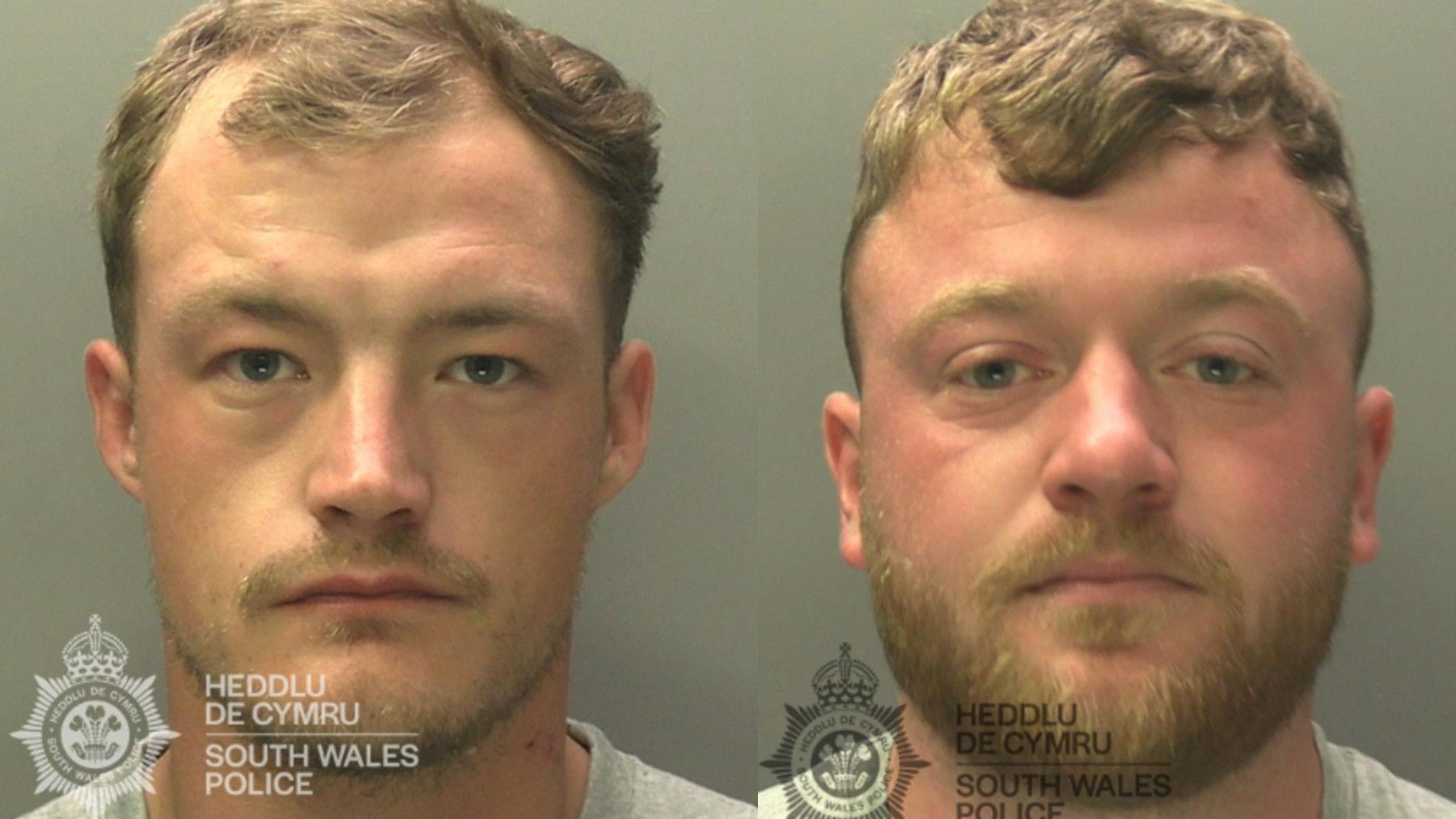 Police custody images of defendants Joseph Dix and Macauley Ruddock. Both are looking at the camera and looking stern. Each of them is wearing a light grey top and both have short brown hair. Dix also has a light beard and moustache