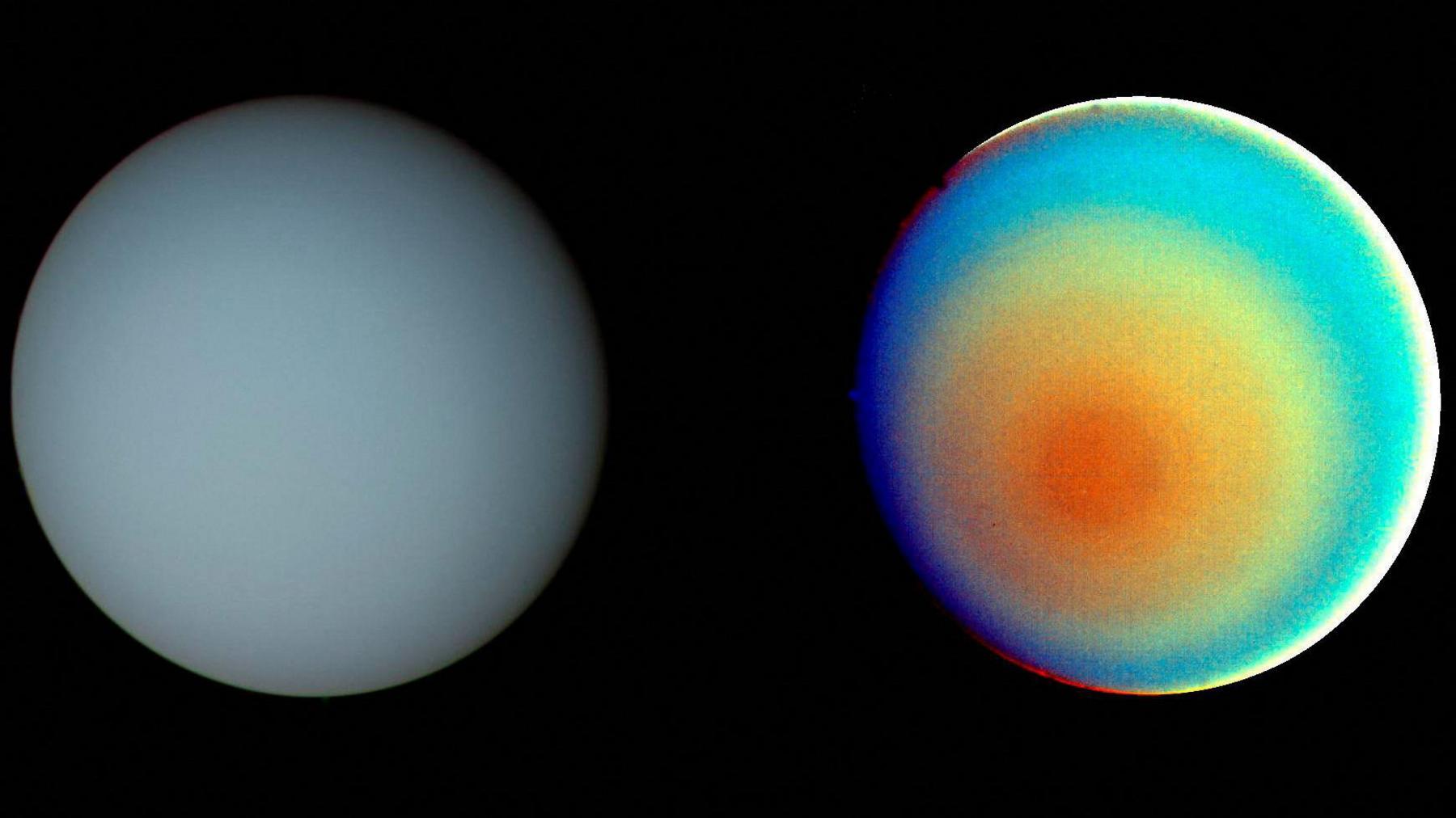 Two pictures of Uranus - one in true colour (on the left) and the other in false colour (on the right) - compiled from images taken by Voyager 2.