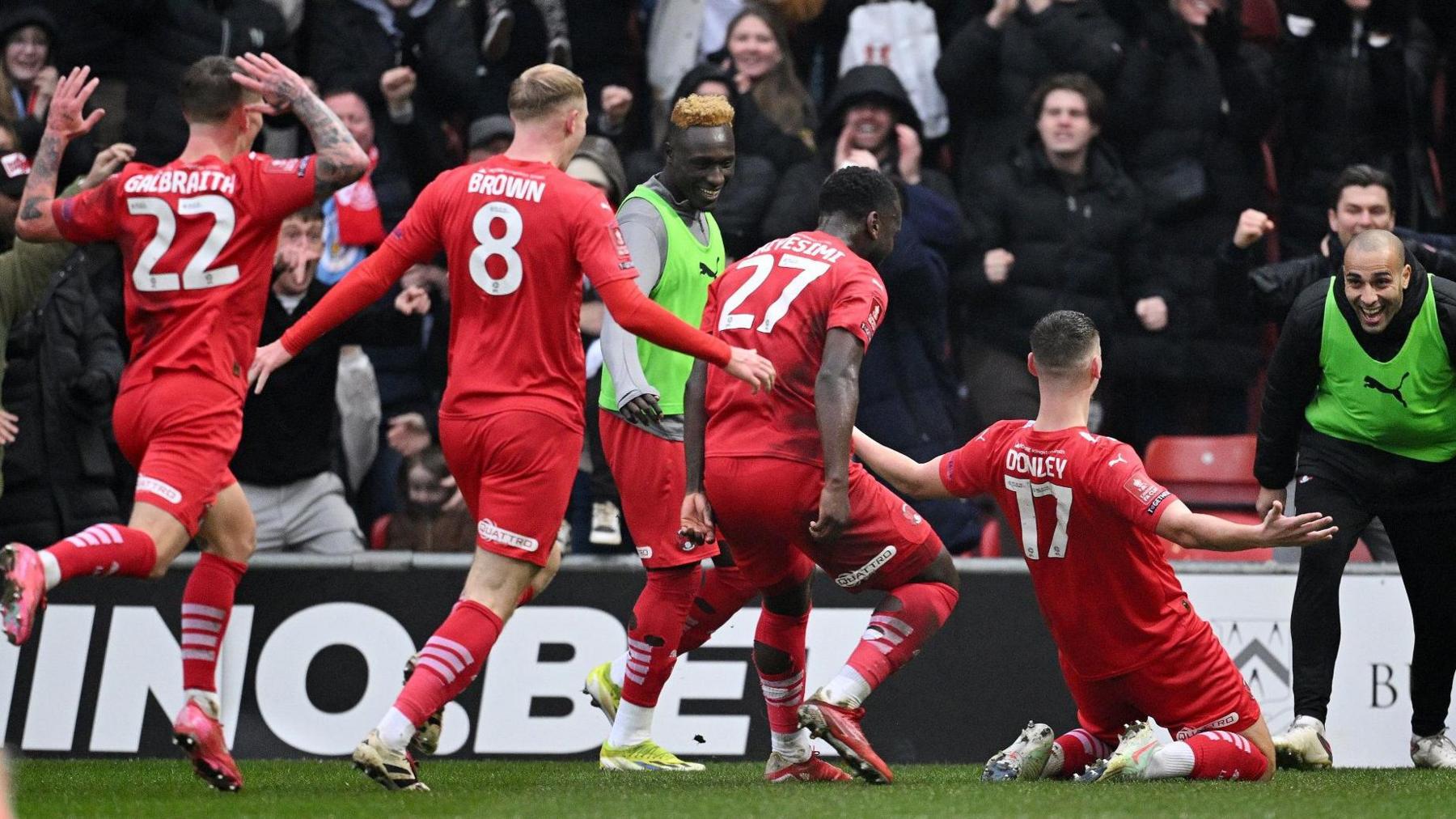 Jamie Donley (right) and team-mates celebrating Leyton Orient's only goal in the FA Cup defeat to Manchester City