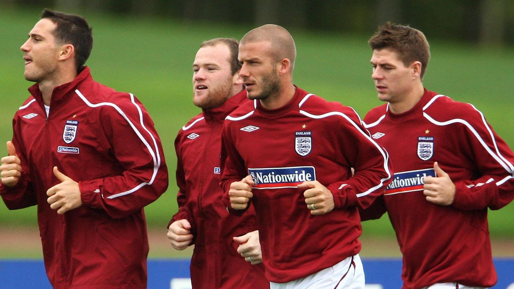 Frank Lampard, Wayne Rooney, David Beckham and Steven Gerrard training with England