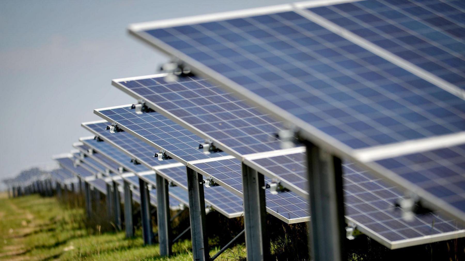 Rows of black and white solar panels on metal struts in a field.