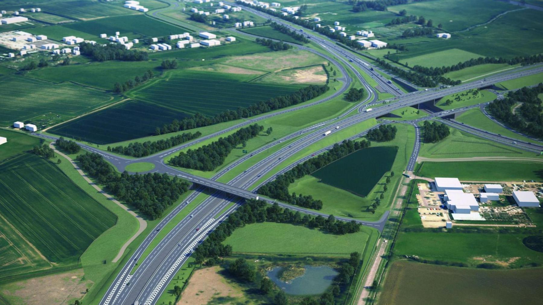 An artists impression of what the finished Black Cat road scheme could look like, with a fly-over, lots of lanes of traffic, green fields, either side and buildings around the road.