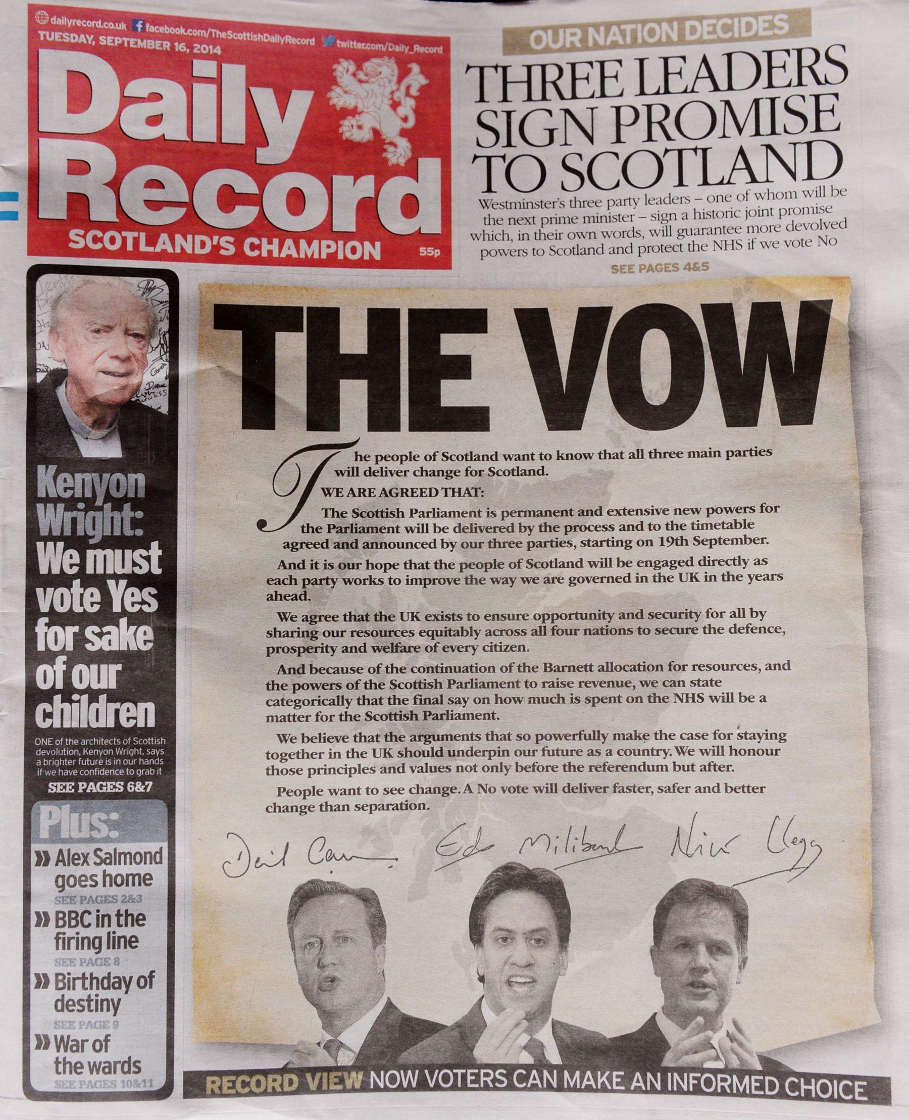 The Daily Record's Vow front page in 2014, with a signed declaration by party leaders promising more powers for Scotland