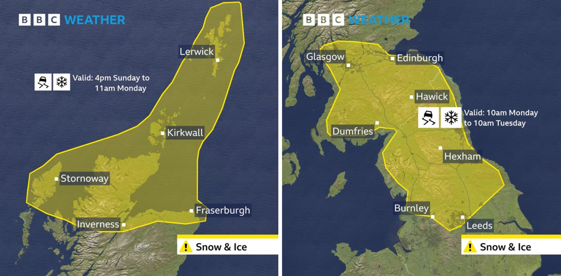 BBC weather graphics with the left hand image showing a yellow weather warning across northern Scotland for snow and ice for Sunday evening.  On the right hand side a yellow weather warning for northern England and southern Scotland for snow and ice on Monday and Tuesday.