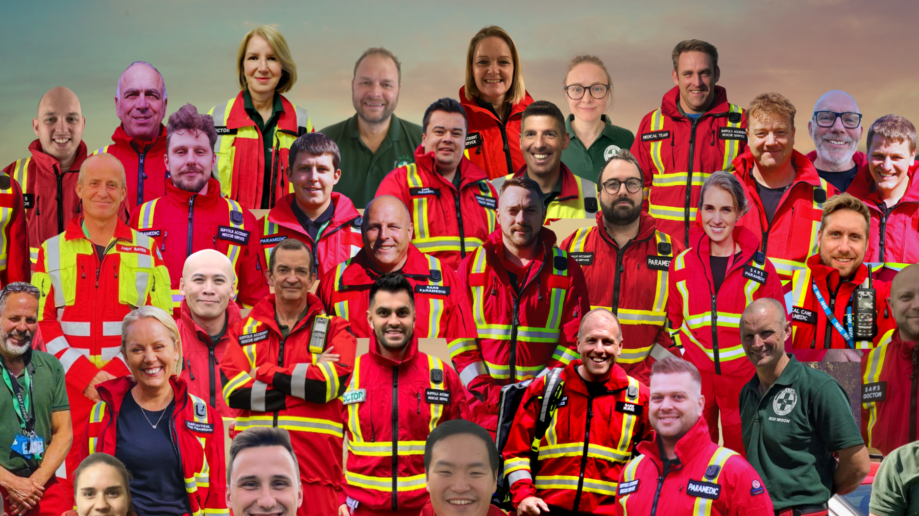 SARS volunteers pictured in a collage edit of them all. Many are wearing red jackets with yellow fluorescent strips on them. They are all smiling.