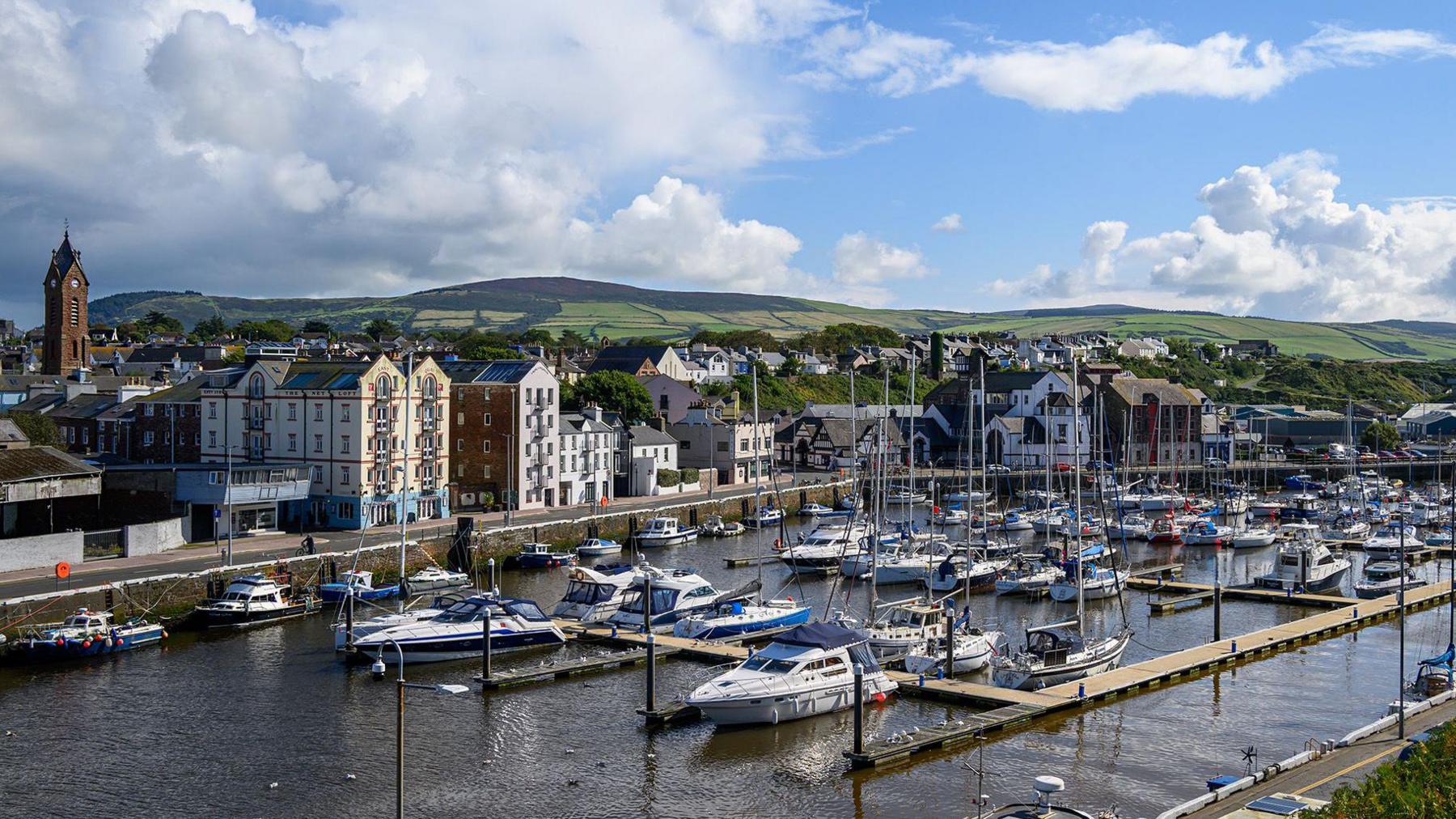 A harbourside marina full of small boats in the foreground, with the buildings of a seaside town and a backdrop of hills. 