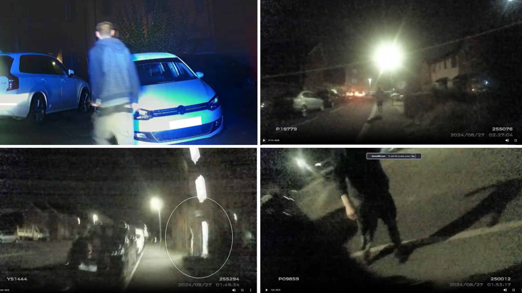 CCTV images of men police want to speak to. All the screenshots are taken at night, outside. The first image shows a man with his back to the camera, standing next to two cars. The second is of a residential street, showing a man walking along. The third image is more blurry, showing a man standing outside a house with lights on. The fourth image is taken of a man dressed in all black. His face can't be seen. 