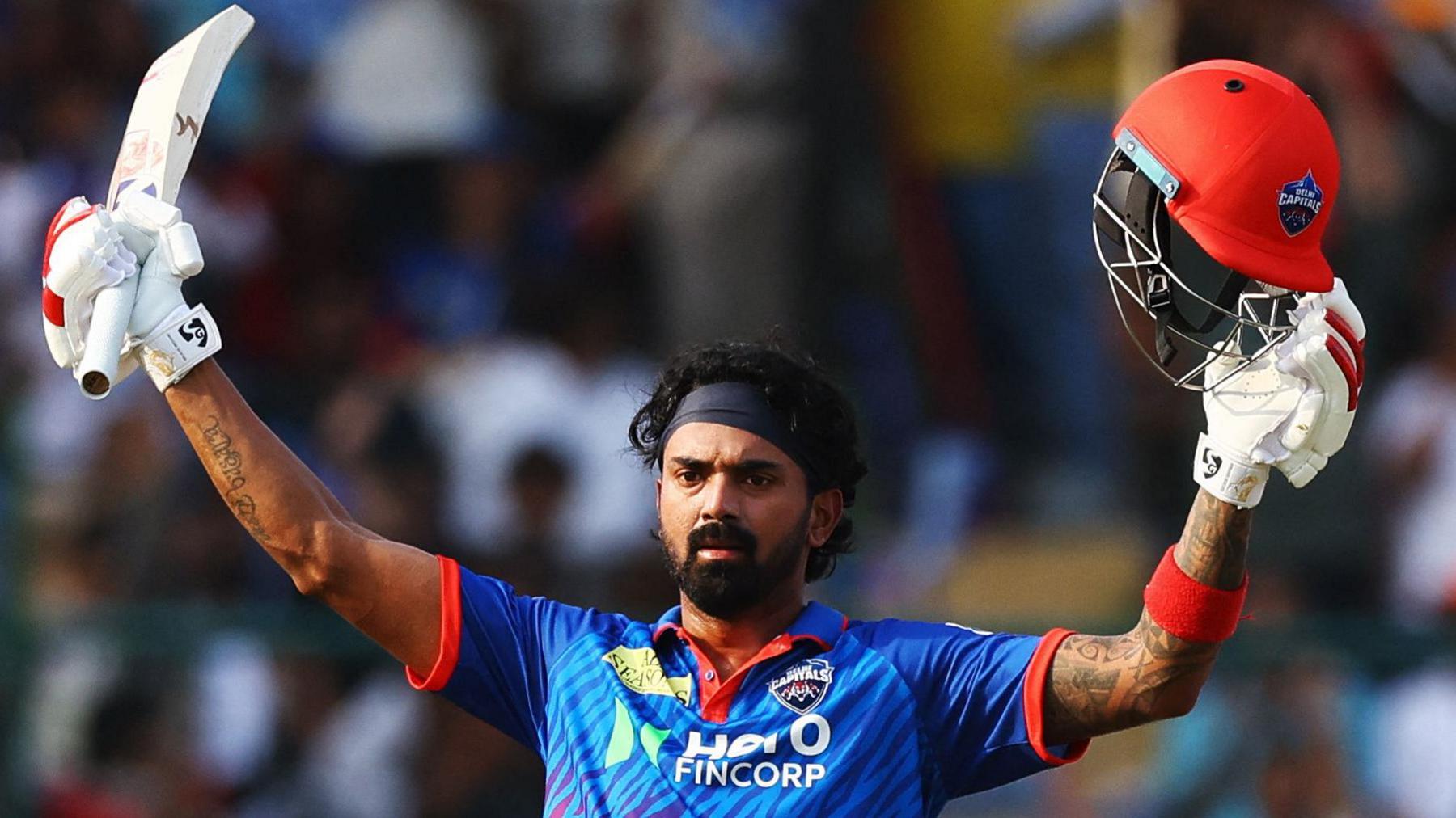 Delhi Capitals' KL Rahul celebrates after completing his century