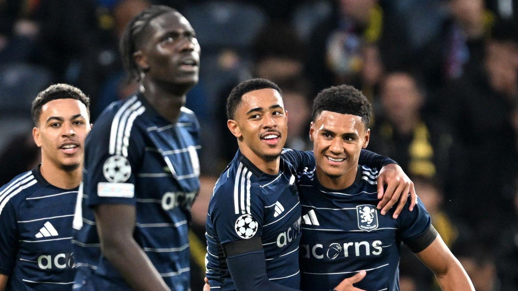 Aston Villa's Ollie Watkins and Jacob Ramsey embrace after a goal in Villa's 3-0 win at Young Boys.