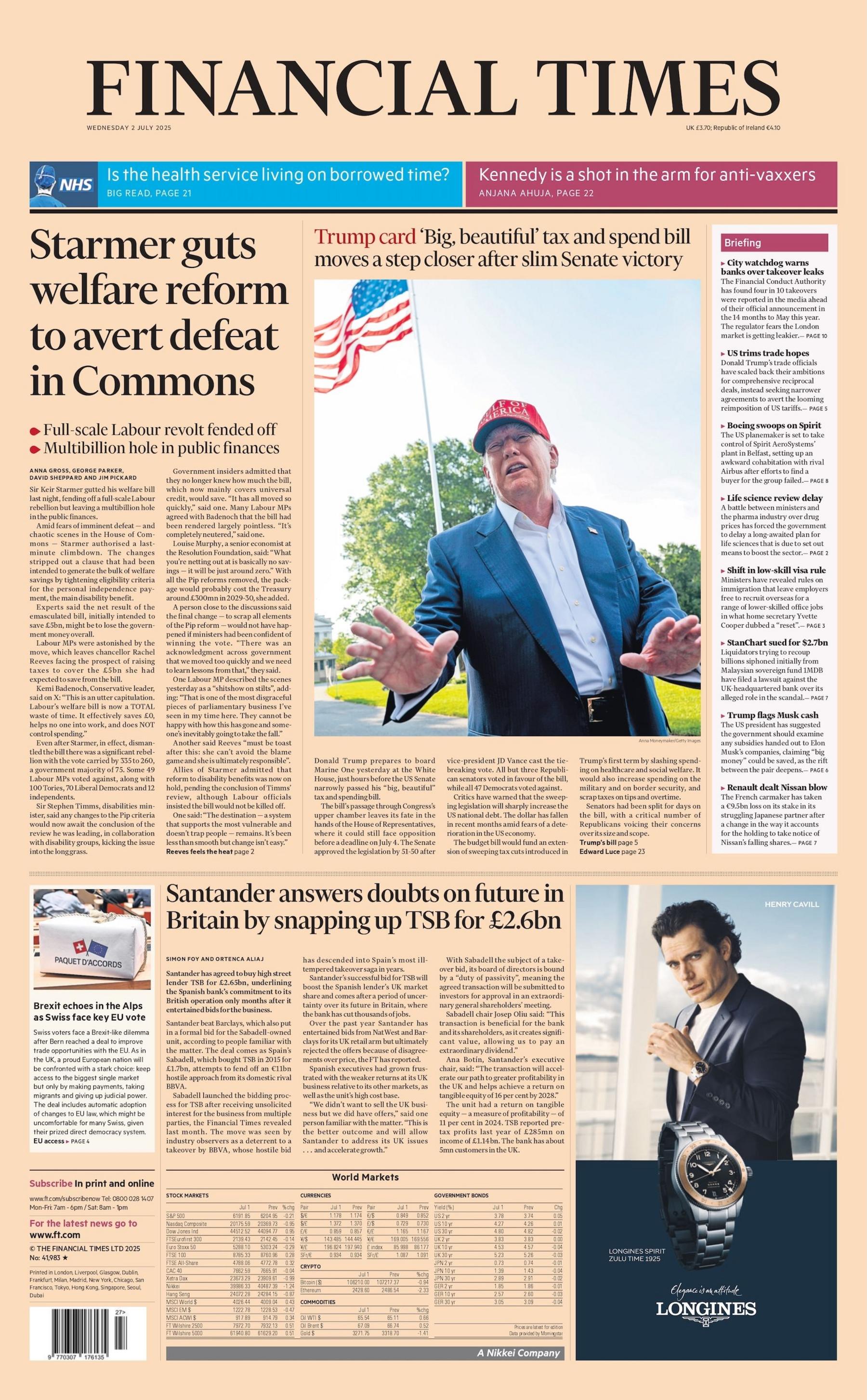 "Starmer guts welfare reform to avert defeat in Commons" reads the front page of the Financial Times.