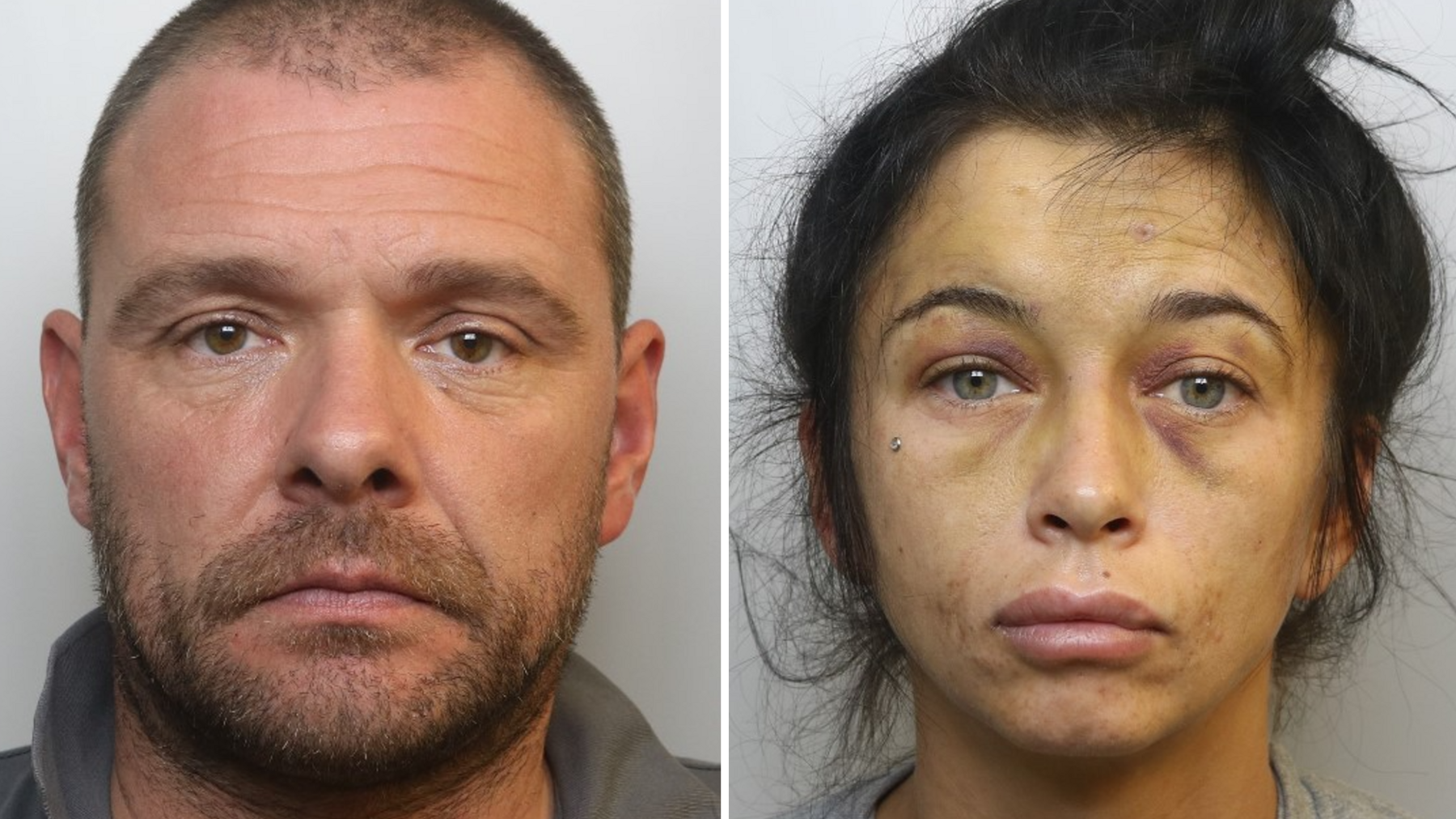 Mugshot of Jamie Easterbrook and Elly-Jayne Cox. Jamie Easterbrook is on the left. He has short brown hair and facial hair. He is looking directly at the camera with a blank expression. Elly-Jayne Cox is on the right. She has long dark hair tied up in a bun. She is looking directly at the camera with a blank expression