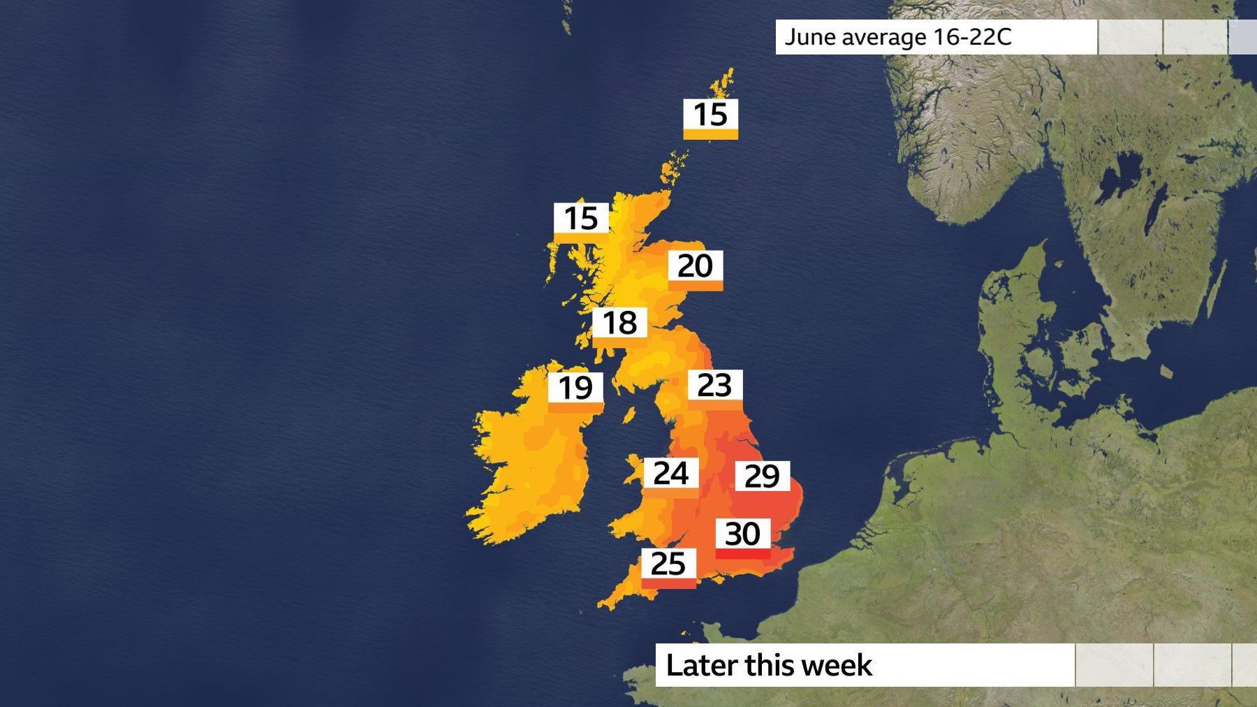 UK temperature map for later this week shows highs of 15 to 23 Celsius in the north, 23 to 28 Celsius in the east