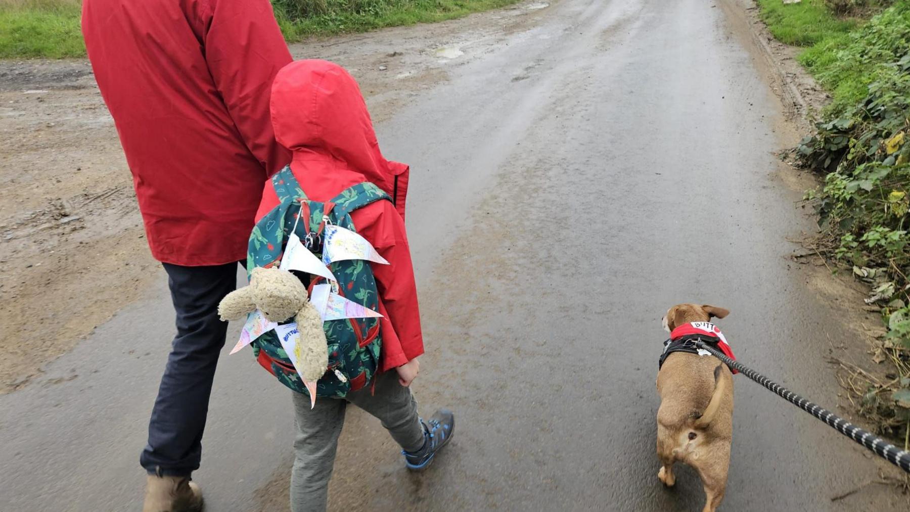 Riley, who is wearing a red coat and has a backpack which is carrying his bear, is walking away from the camera. He is holding his father's hand and walking down a country path. A dog is on the right hand side and is wearing a red neckerchief.