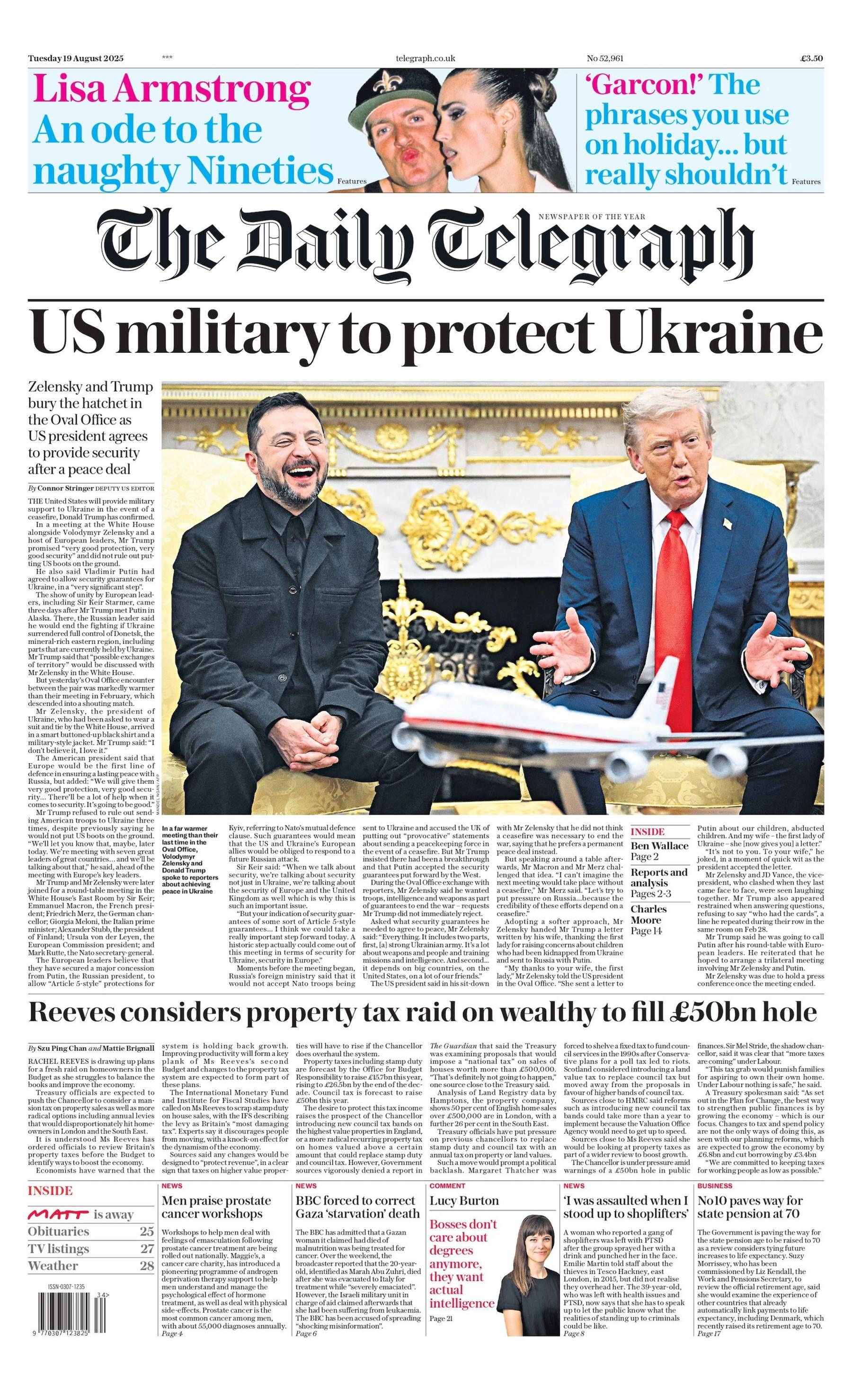 "US military to protect Ukraine" reads the headline on the front page of The Daily Telegraph.