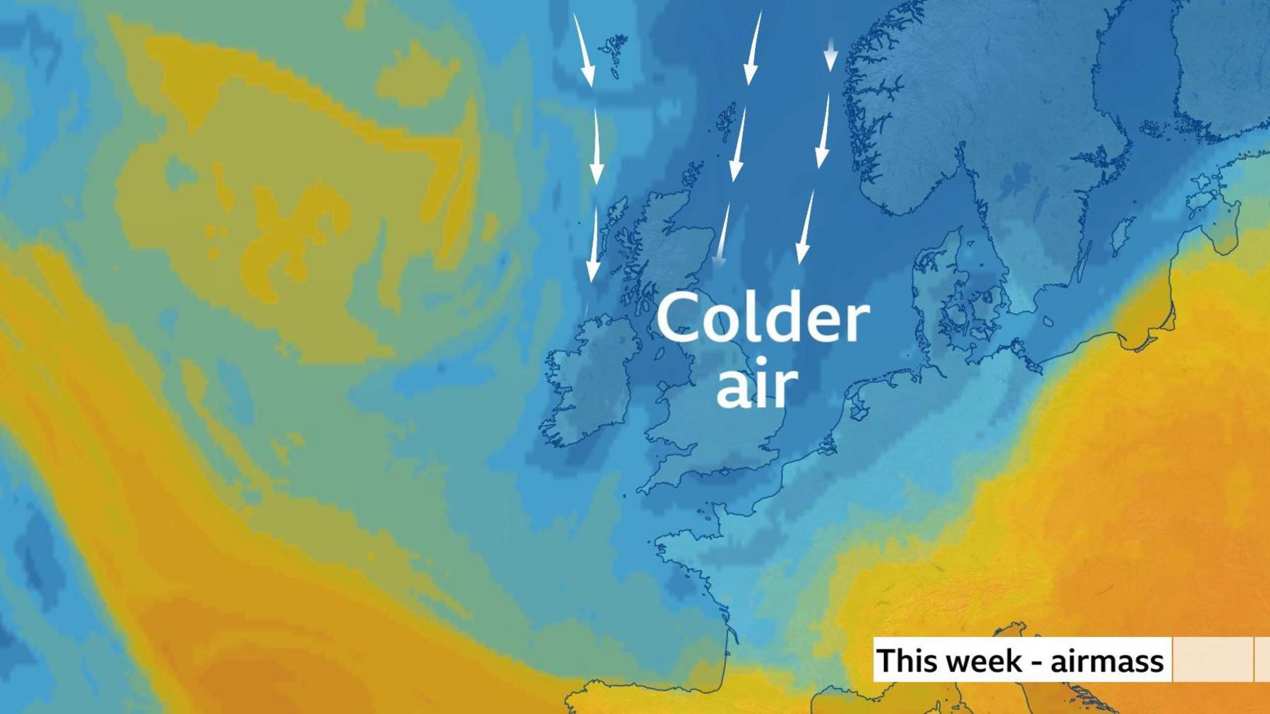 Map of UK and northern Europe showing the blue colours of a colder airmass that is impacting us this week