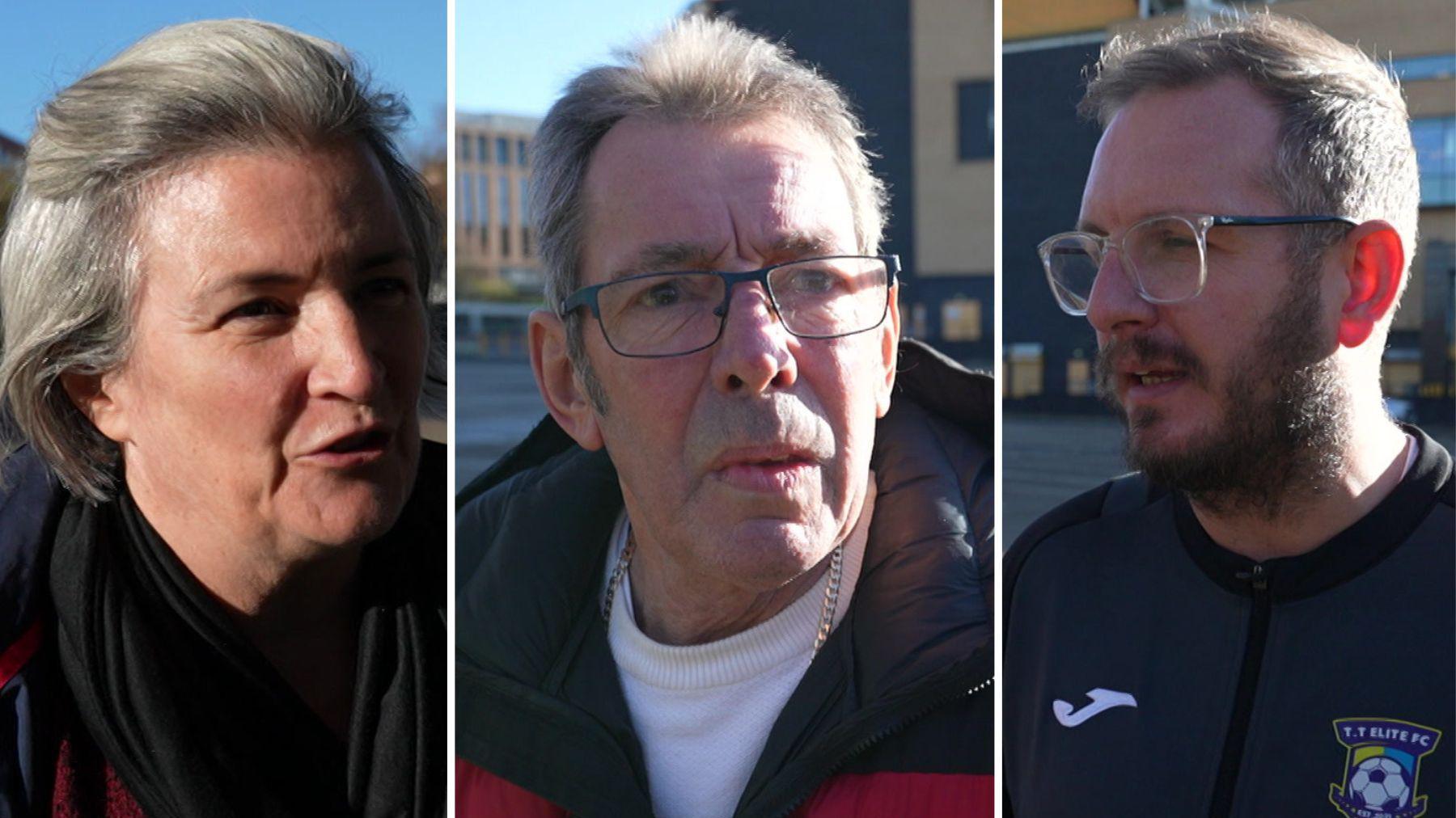 A composite photo of three people. A woman with grey hair wearing warm clothes. A man wearing glasses with grey hair, a white jumper, a coat and a silver chain. And a man wearing glasses with brown hair a beard. He is wearing a football jacket of a team called T.T. Elite FC. 