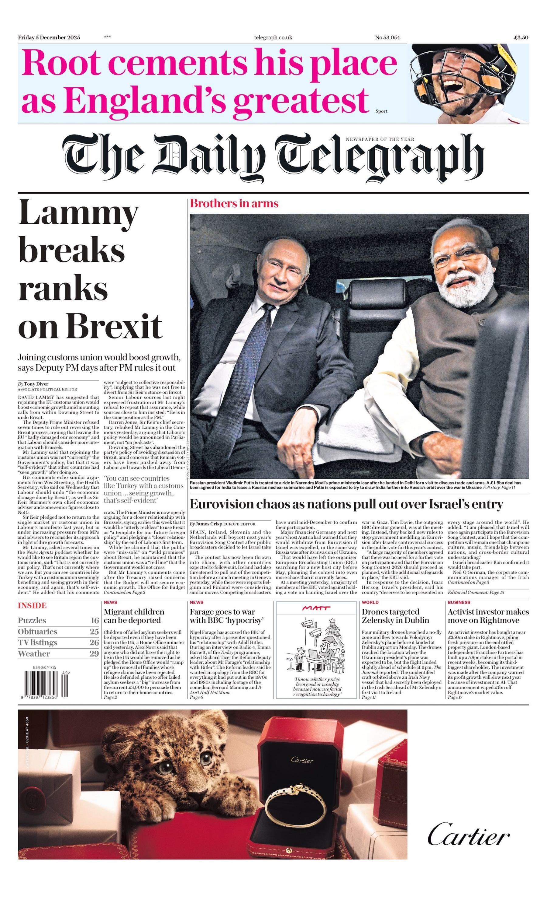 "Lammy thyen radhët për Brexitin", shkruan titulli në faqen e parë të Daily Telegraph.