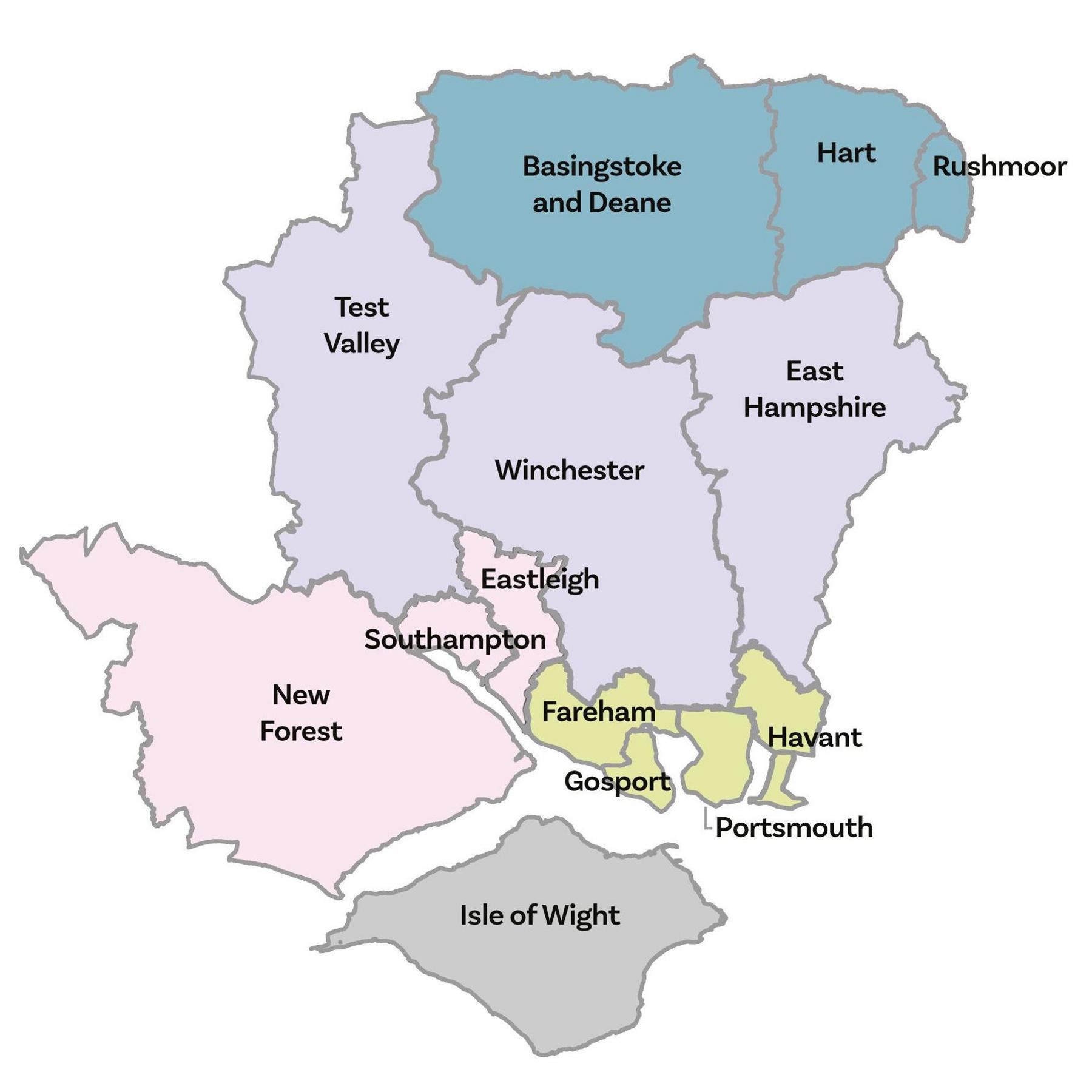On this map, the Isle of Wight is grey. Southampton, Eastleigh and the New Forest are pink. Fareham, Gosport, Havant and Portsmouth are yellow. WInchester, East Hampshire and Test Vallet are purple and Hart, Rushmoor and Basingstoke are green.