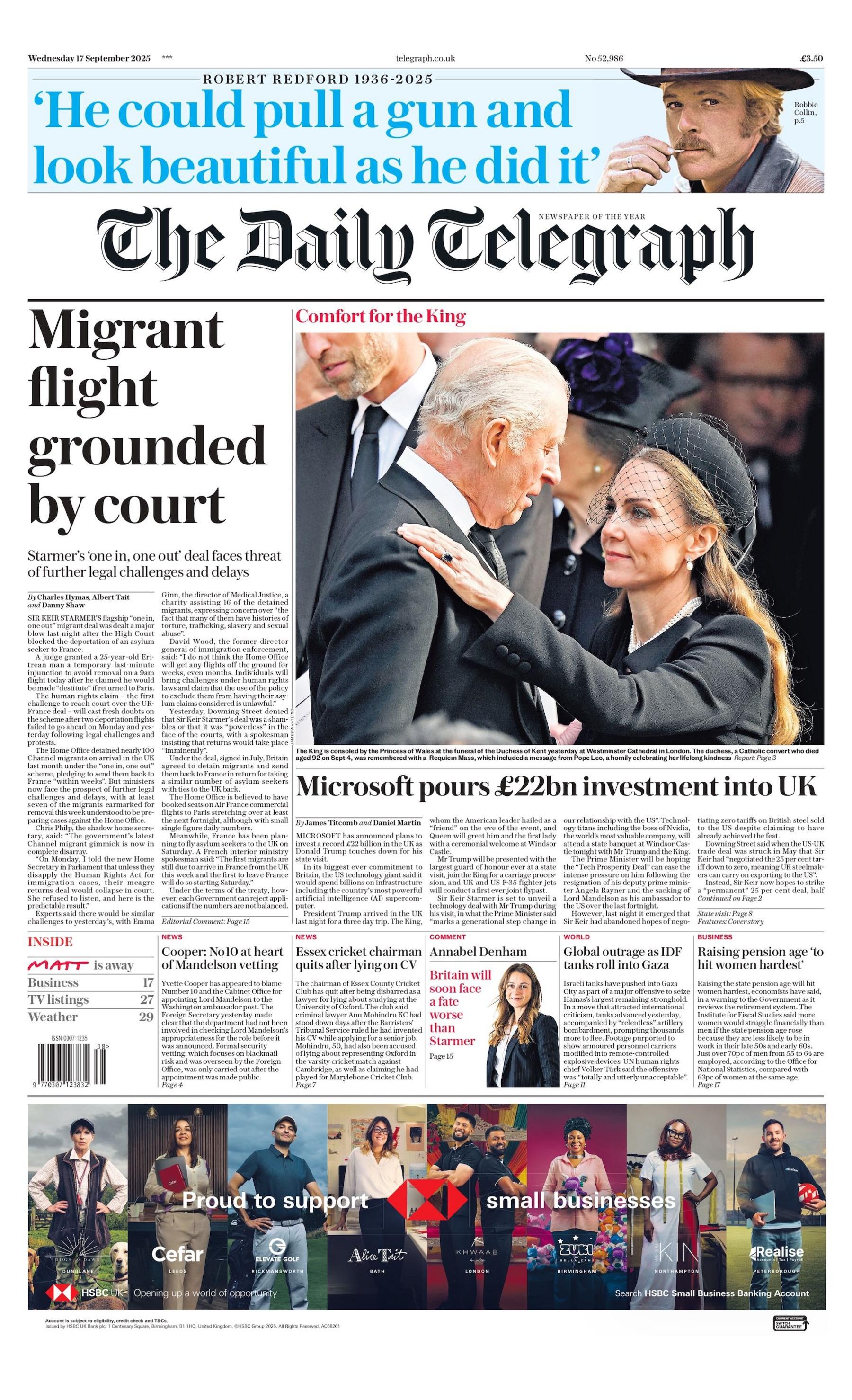 "Migrant flight grounded by court" reads the headline on the front page of The Daily Telegraph.