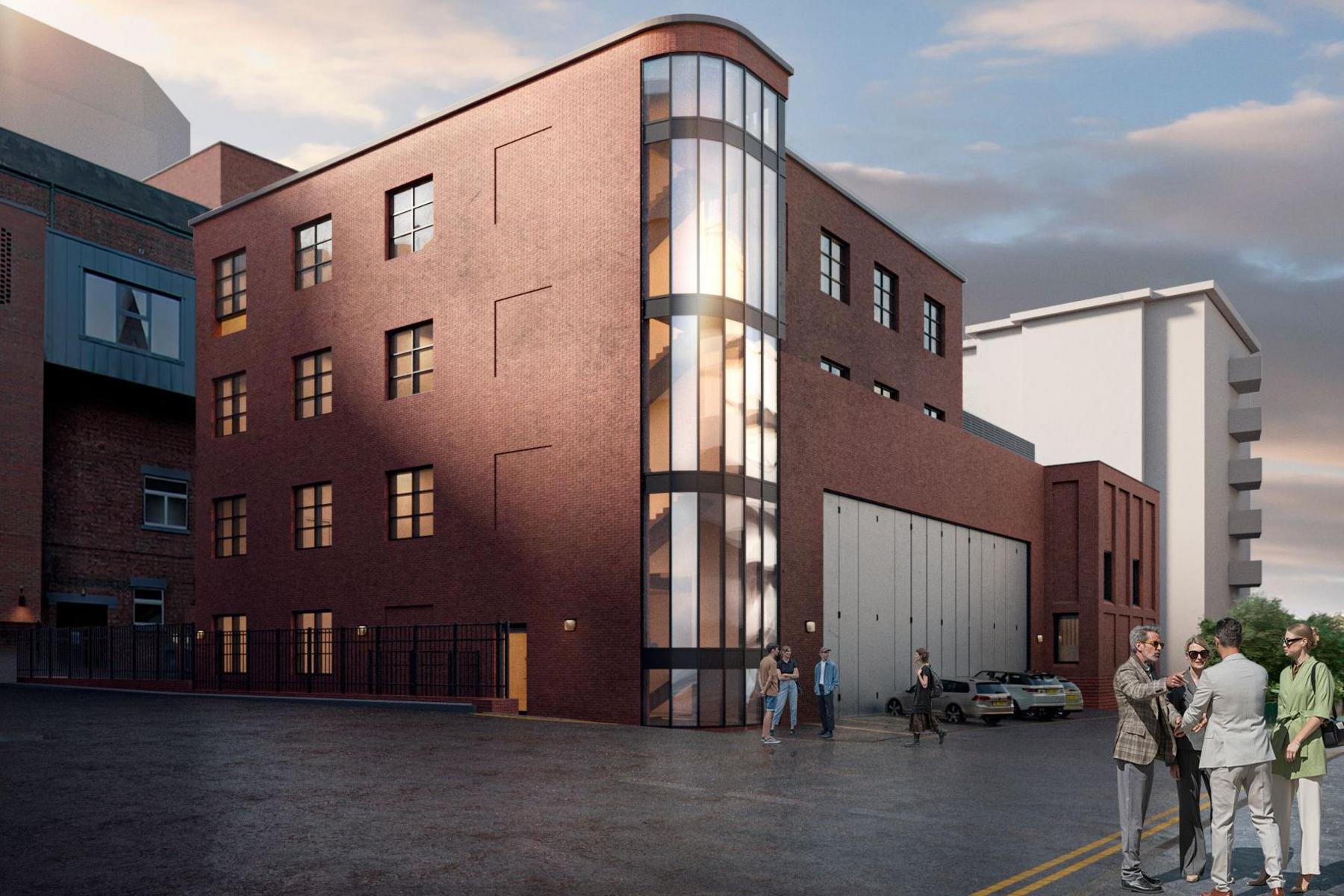 Artist impression Of Mayflower Theatre's proposed rehearsal studio development. It is a large red brick modern building. This angle includes glass windows stretching from the ground floor upwards facing out from a stairwell.