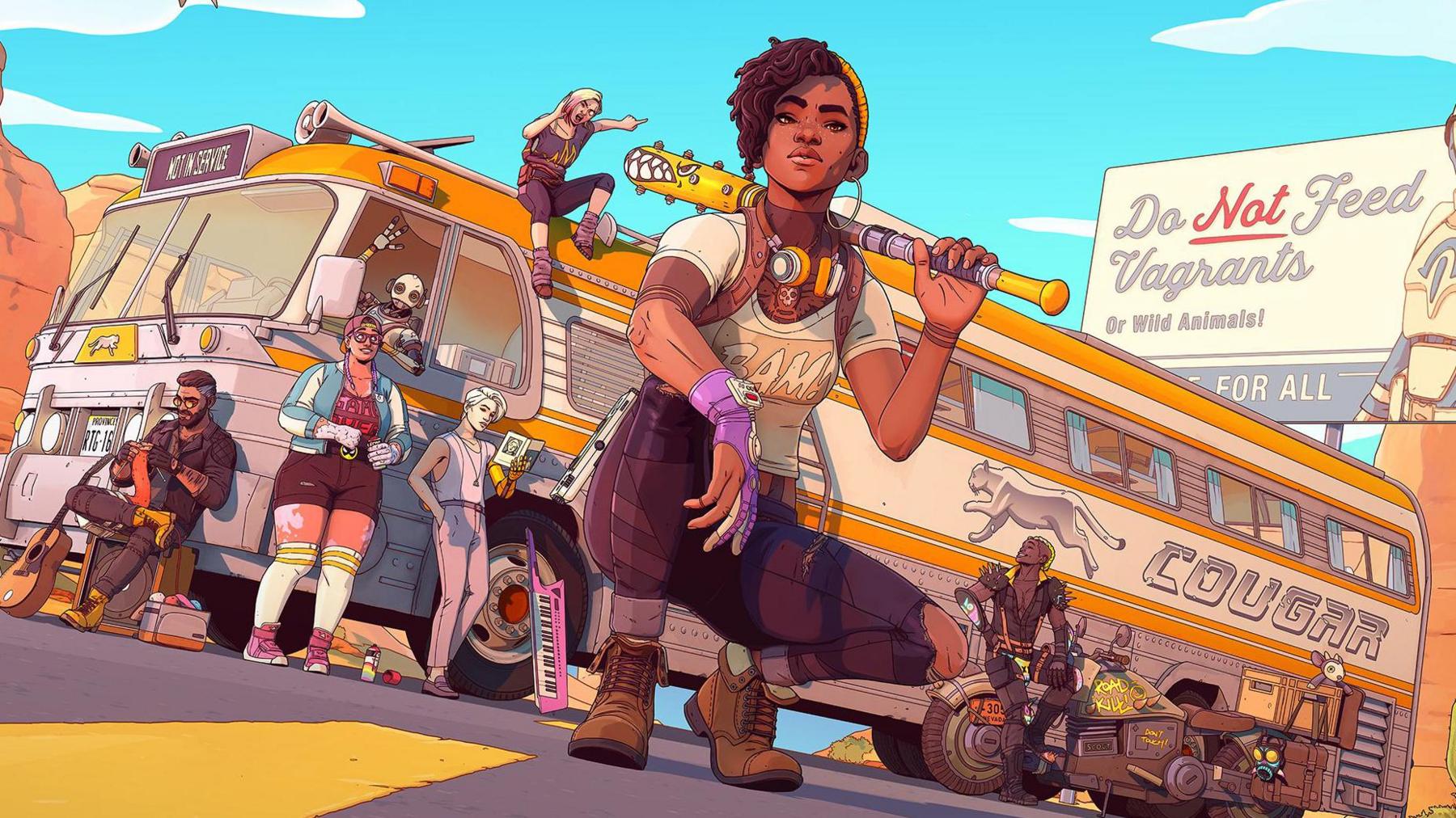 A comic book-style sketch shows a female character crouched in the centre of the frame with a yellow baseball bat resting on her shoulder. Behind her is a yellow tour bus with four other characters relaxing, leaning or sitting against it. One is sitting on top of it. The bus has a horizontal white stripe through the centre. At the back end the word "cougar" is painted on next to a picture of a big cat running.