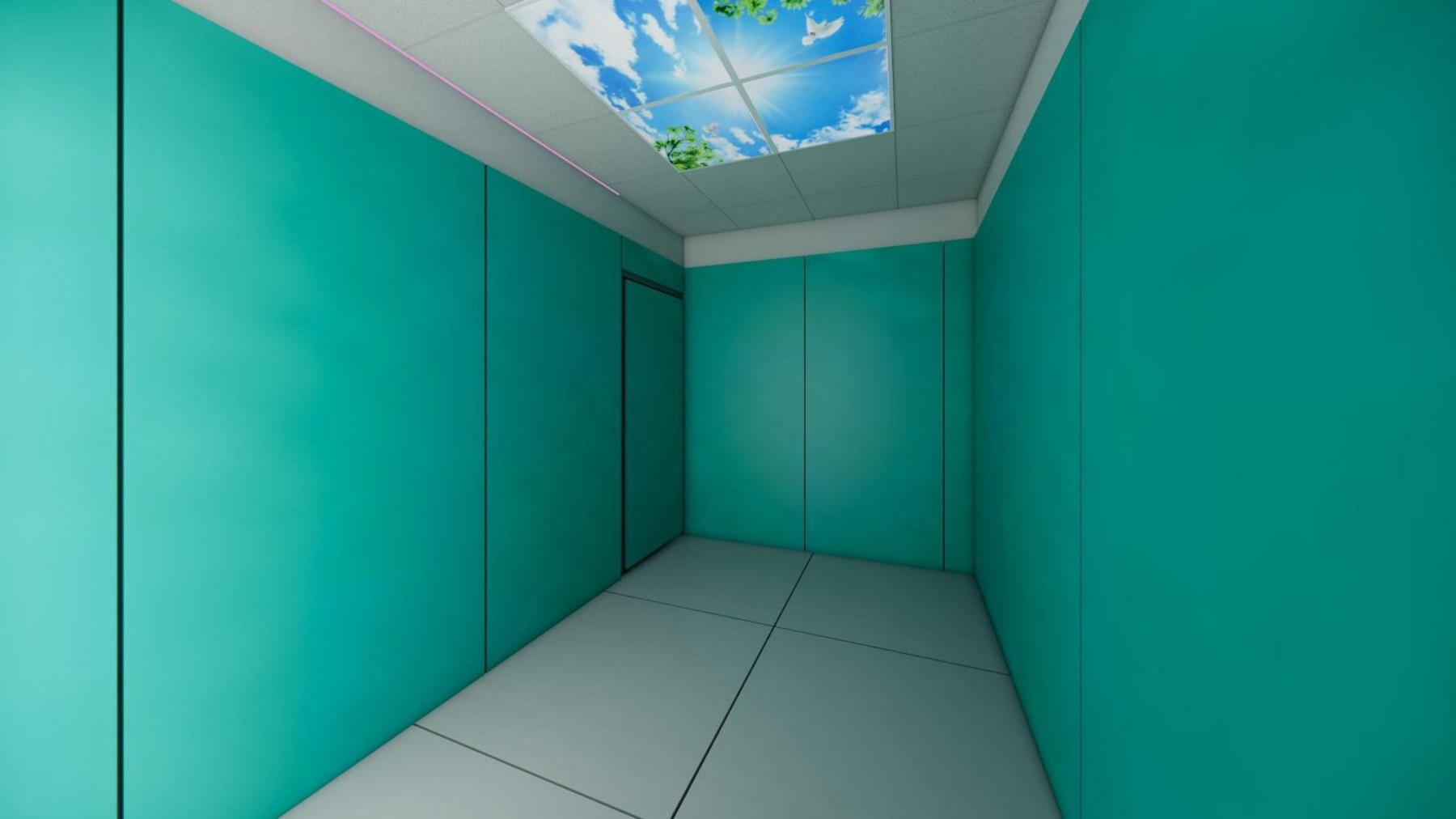 Artist's impression of a planned quiet room - a sensory-controlled environment tailored specifically for autistic, neurodiverse, and learning-disabled children. It features padded walls in a shade of blue green, with a grey floor and ceiling, the latter having a large skylight with a digital image of blue sky with some clouds. It is empty of furniture.