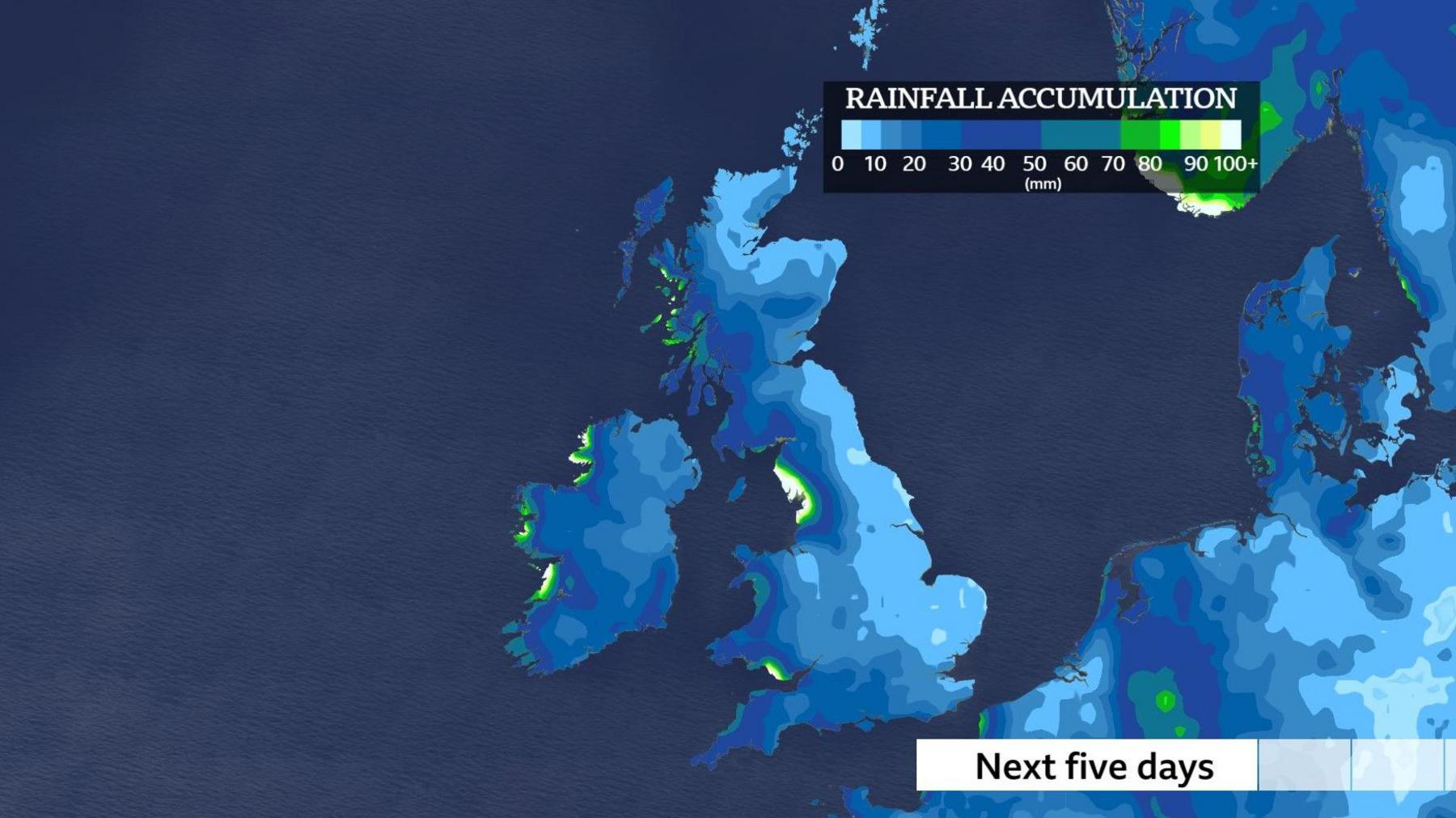 Map of UK showing expected rainfall accumulations over the next 5 days.  There may be more than 100mm around some western coast, but only 10mm possible in eastern parts of Britain
