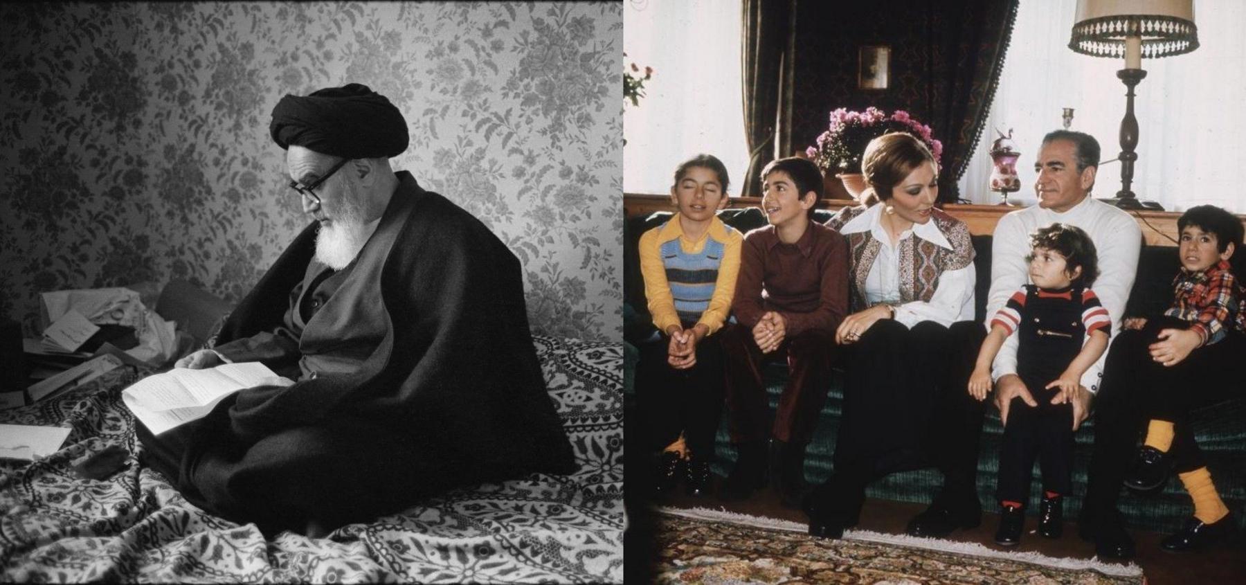 Ruhollah Khomeini (left) and the Iranian royal family (right)