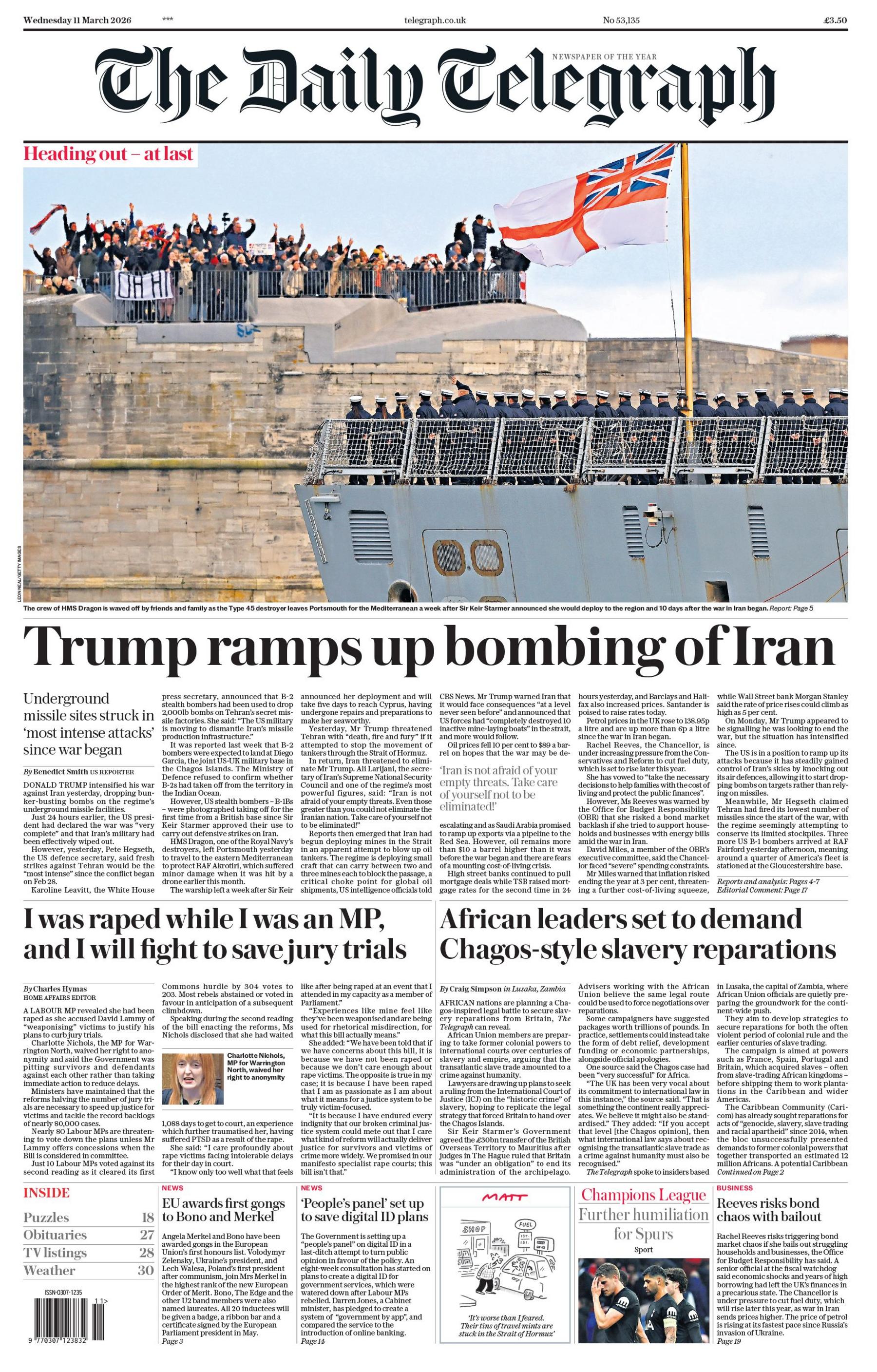 “Trump intensifikon bombardimet e Iranit”, thuhet në titullin kryesor në faqen e parë të Daily Telegraph.