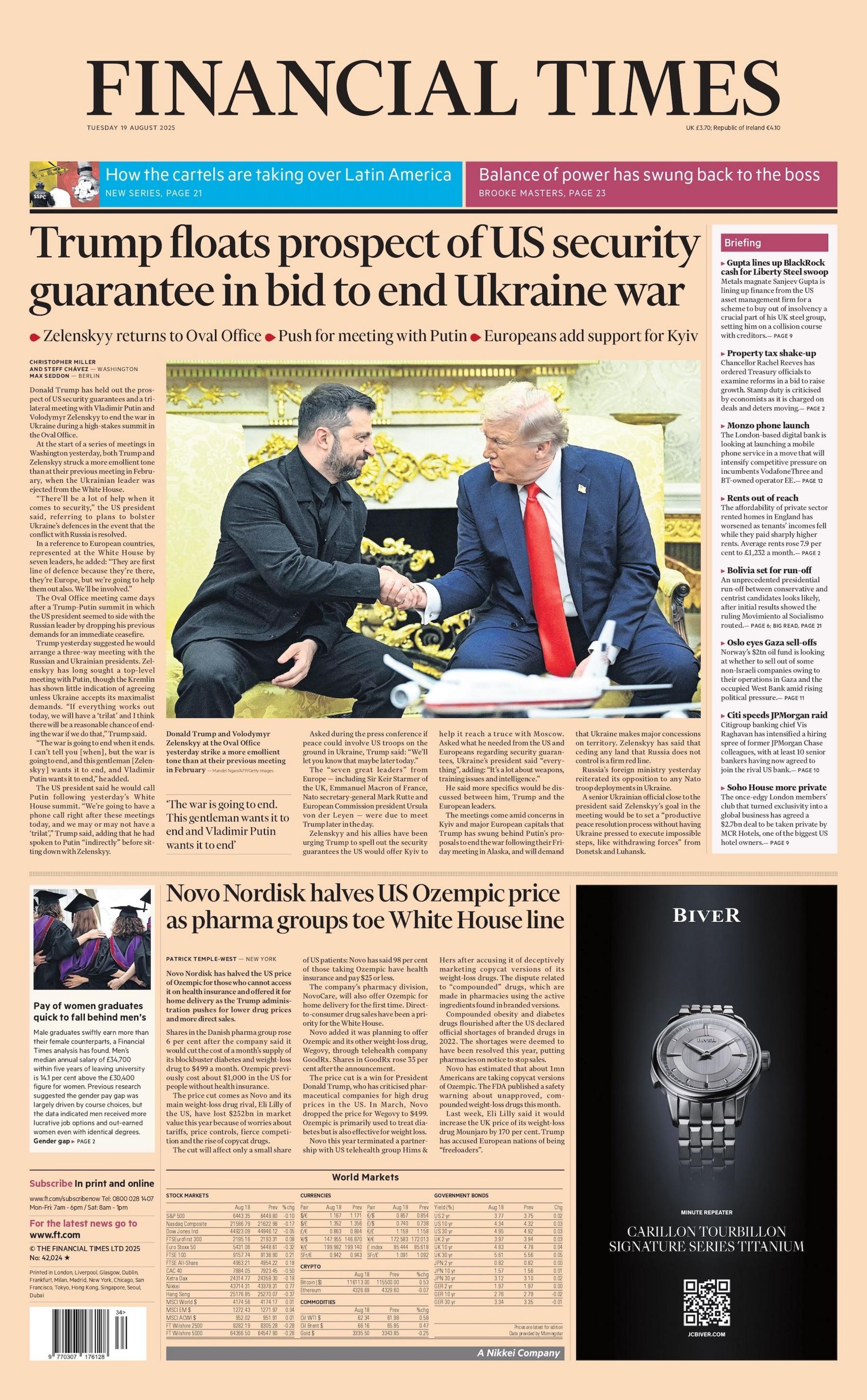 "Trump floats prospect of US security guarantee in bid to end Ukraine war" reads the headline on the front page of the Financial Times.