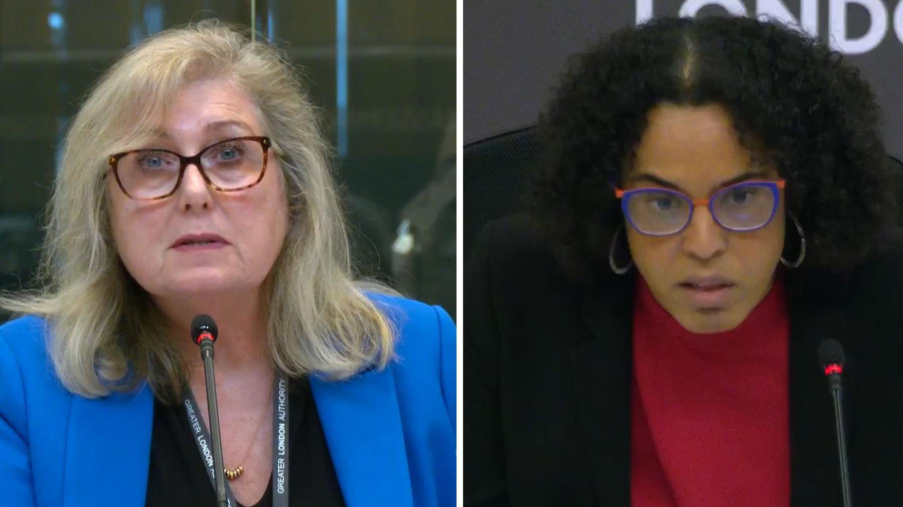 Side-by-side images of Susan Hall and Kaya Comer-Schwartz. Hall is wearing a blue jacket and a black top with a Greater London Authority lanyard. She looks annoyed. Comer-Schwartz is wearing a red top and black jacket and looks earnest.