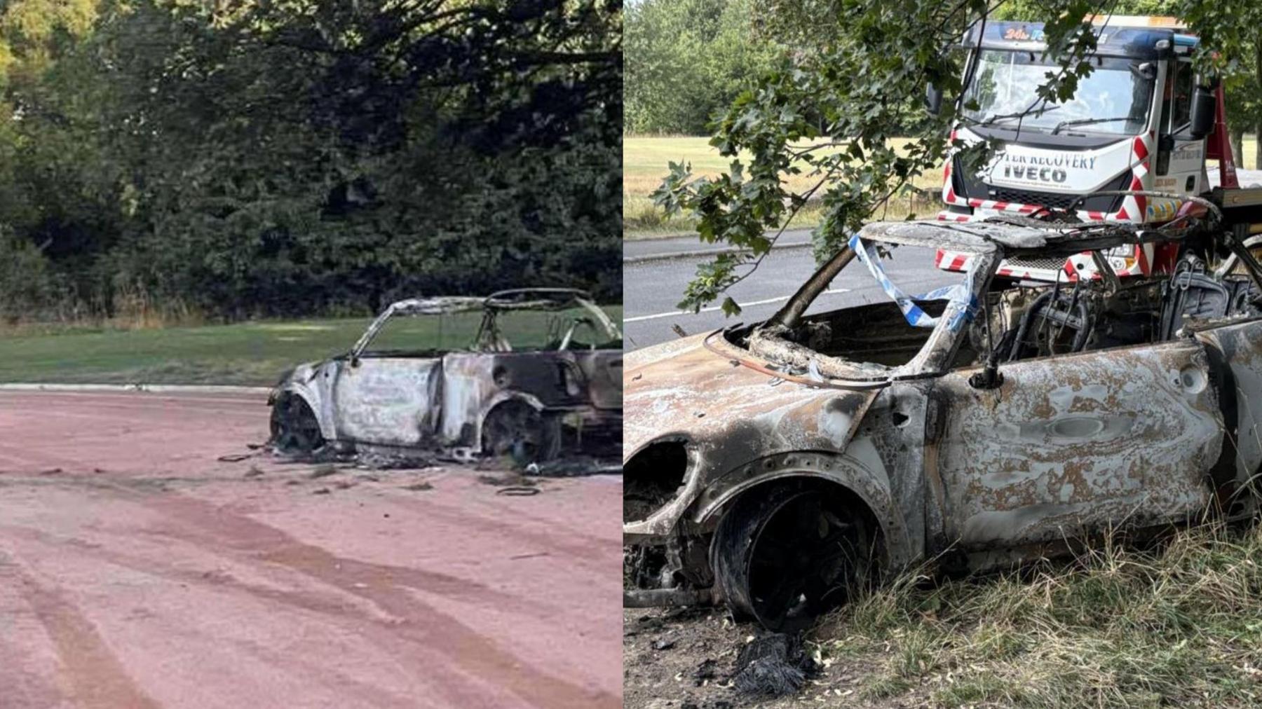 A split screen pic showing a burned-out car shell sitting on a cinder running track on the left and the car sitting on a grass verge next to a recovery lorry on the right.