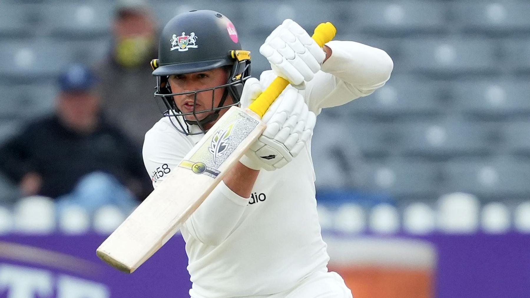 Graeme van Buuren, wearing his Gloucestershire whites and a helmet, plays a shot against Kent at Seat Unique Stadium, Bristol on 10 May 2026