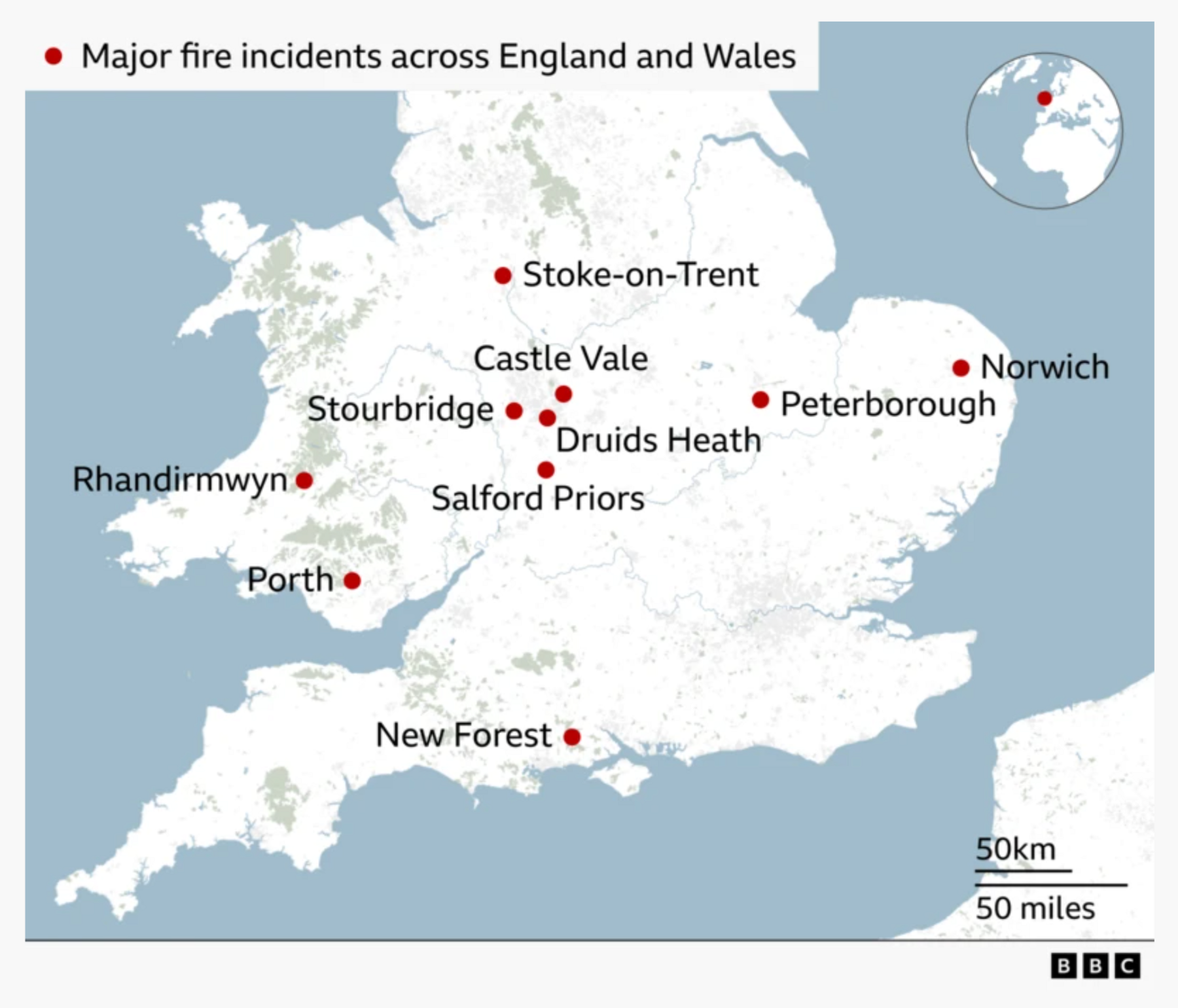 A map showing areas of major fires during summer 2026 in the UK. 