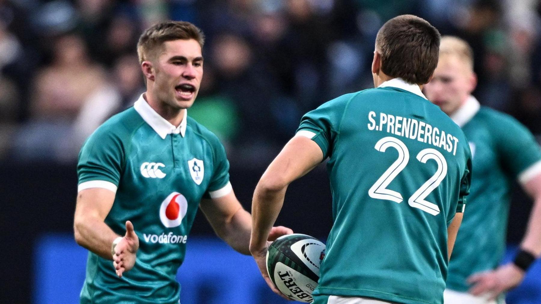 Jack Crowley and Sam Prendergast pictured during Ireland's loss to New Zealand