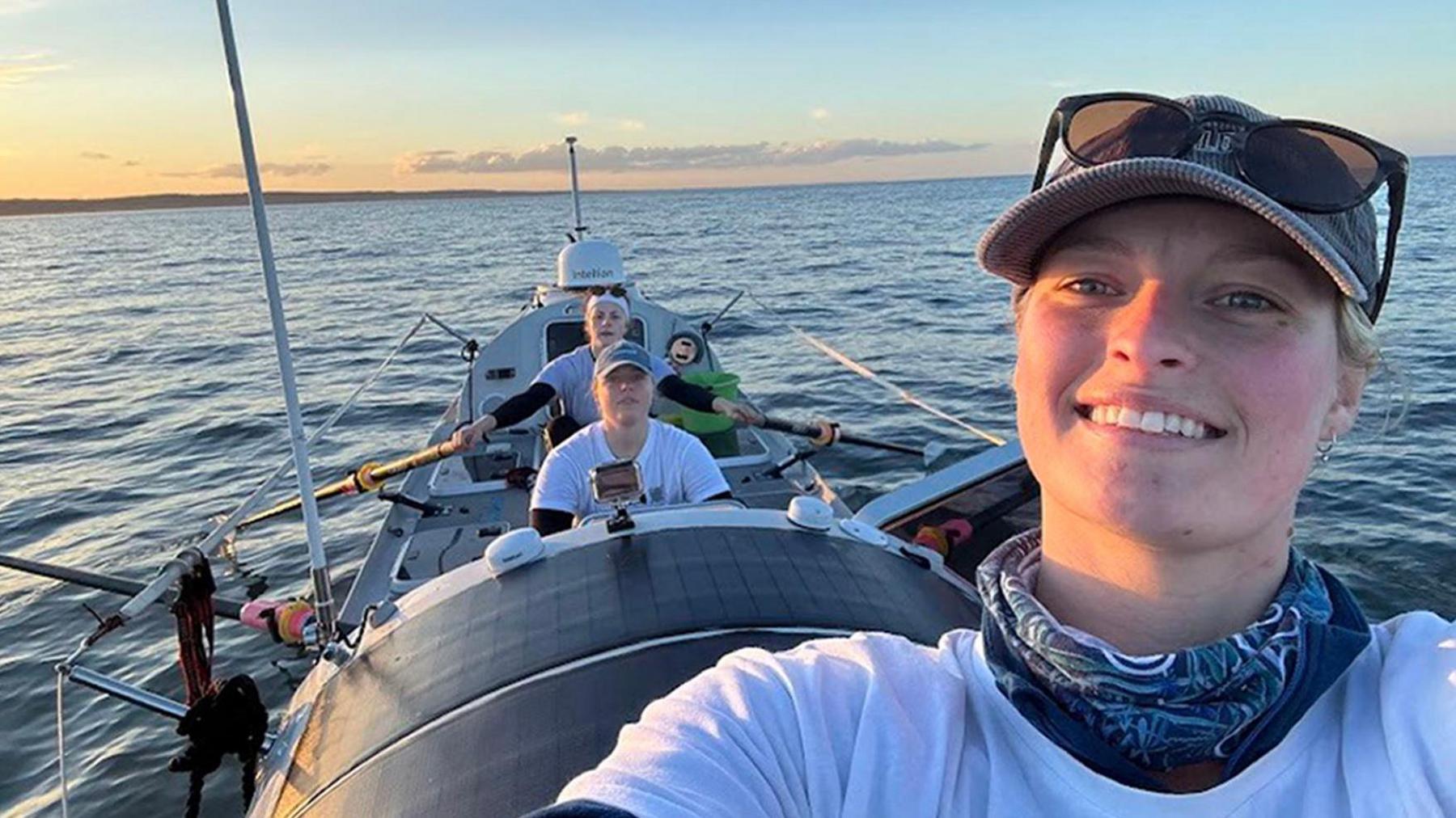 Lottie Hopkinson-Woolley, Miriam Payne and Jess Rowe in their boat