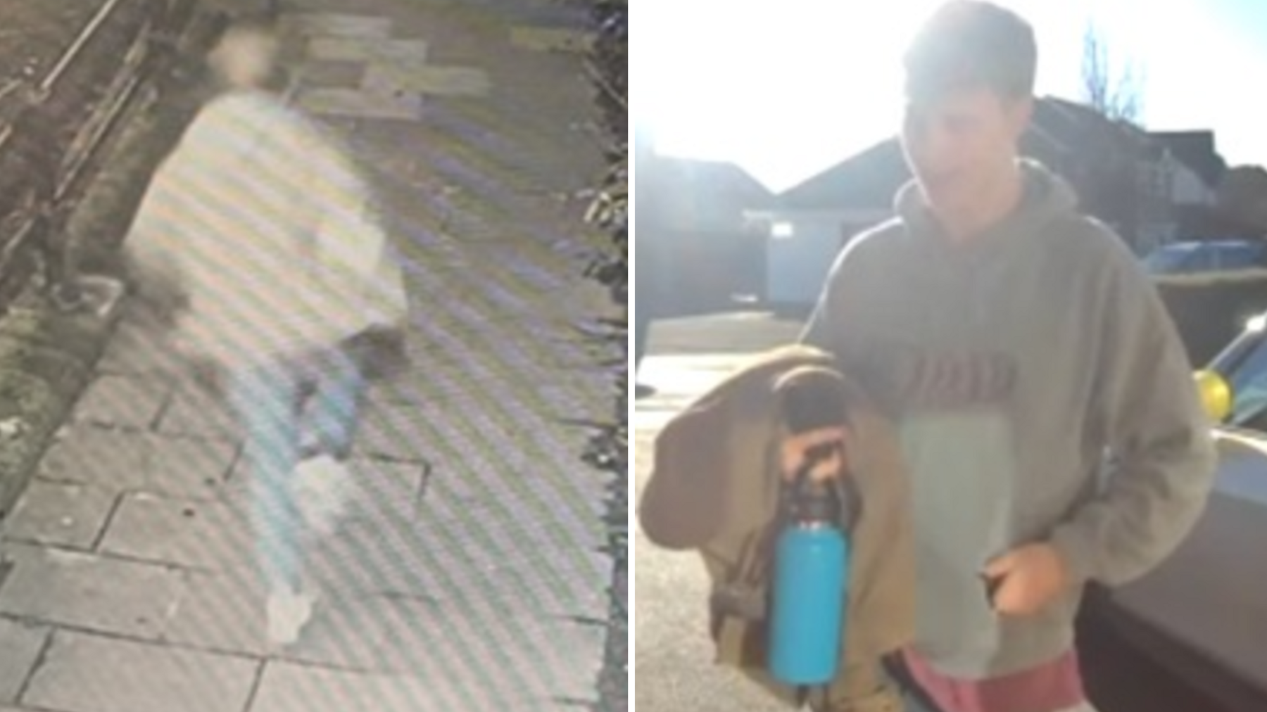 Two images of Sebastian Sailes. The left image is a CCTV capture of him walking along Lovers Walk in Chippenham. His back is to the camera. He is wearing blue jeans, white trainers and a beige jacket. The right image is from a Ring doorbell. He is standing in front of the camera, holding a blue reusable water bottle and his beige jacket. He is wearing a grey hoodie. 