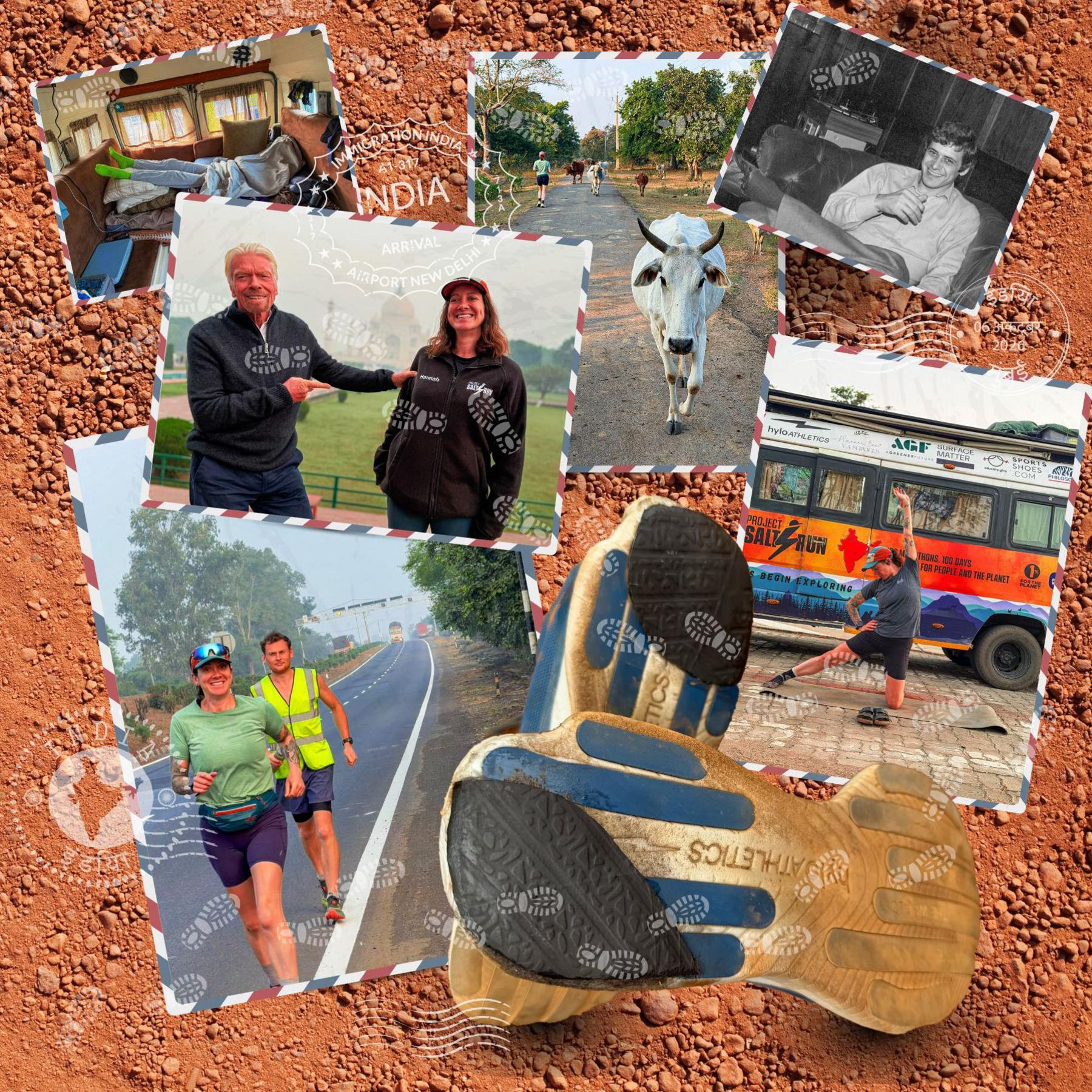 Hannah Cox running in India, the soles of her trainers, Hannah with Richard Branson, Hannah asleep in the van and a picture of Hannah's dad