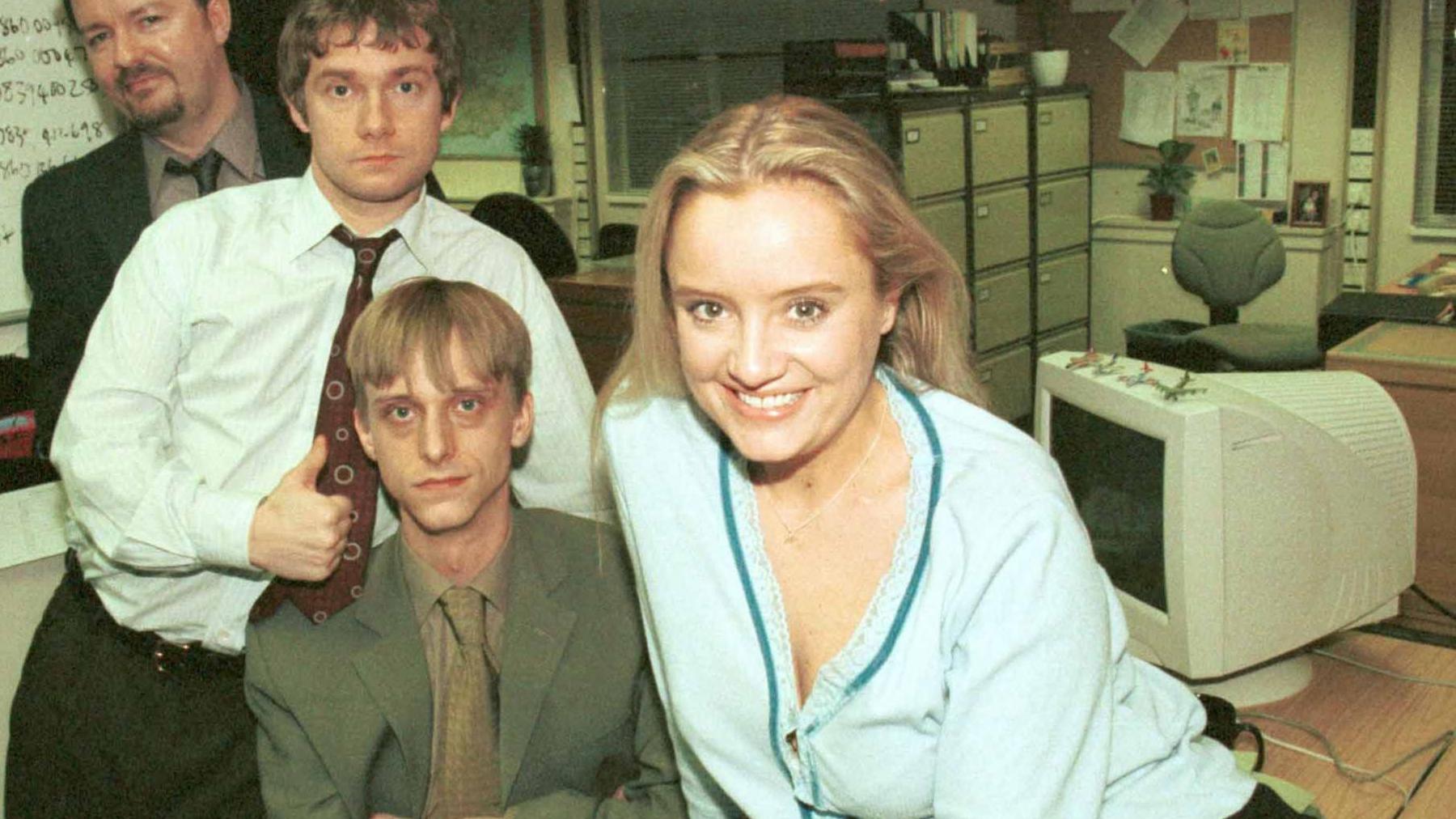 Picture shows (from back) Ricky Gervais as David Brent, Martin Freeman as Tim, MacKenzie Crook as Gareth and Lucy Davis as Dawn in the office
