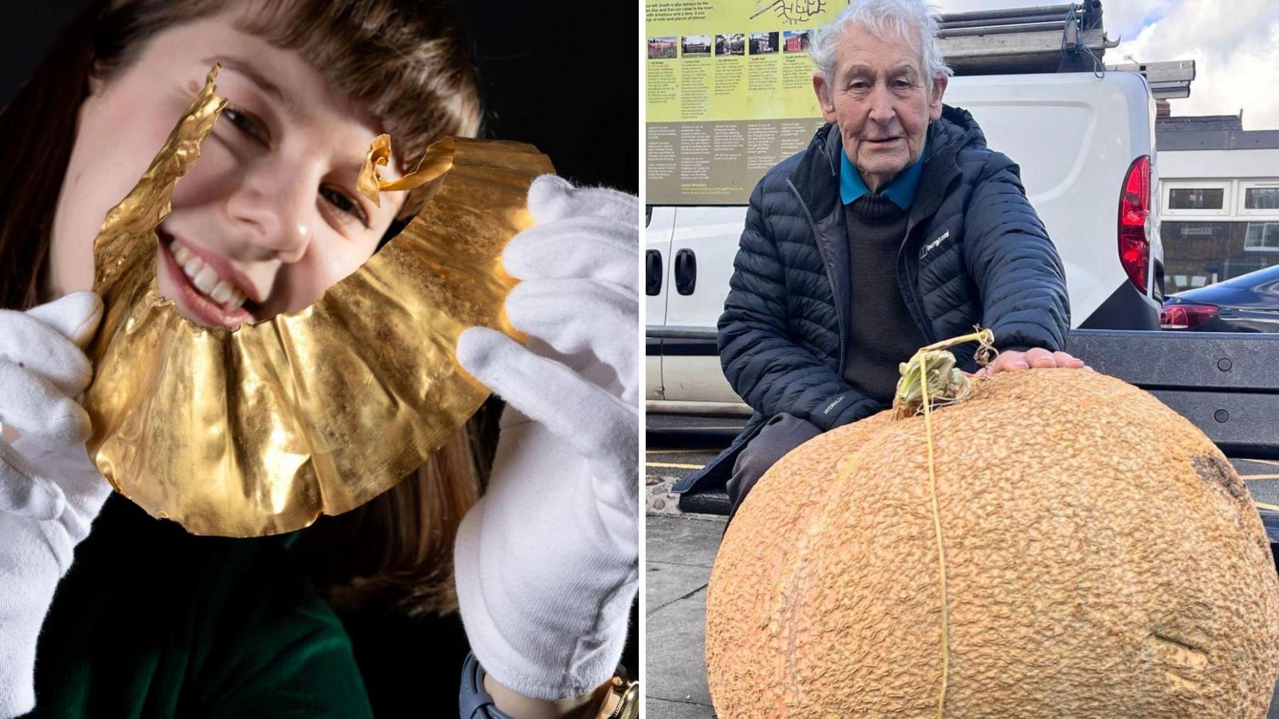A split image showing two distinct objects: On the left, a person wearing white gloves is holding a large, shiny, gold-coloured artefact that appears to be a decorative or historical item, possibly a piece of metalwork or jewellery. On the right, another person is seated outdoors next to a very large, rough-textured pumpkin or gourd, which is tied with a piece of string.
